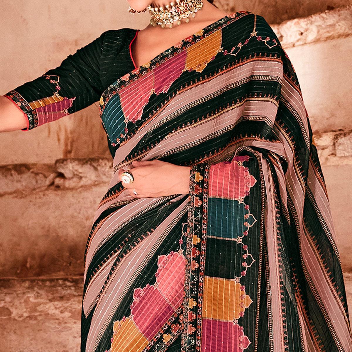 Black Partywear Printed & Sequence Georgette Saree - Peachmode