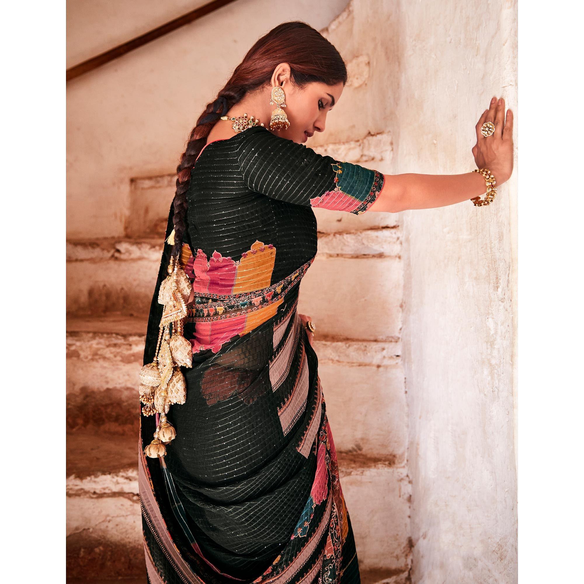 Black Partywear Printed & Sequence Georgette Saree - Peachmode