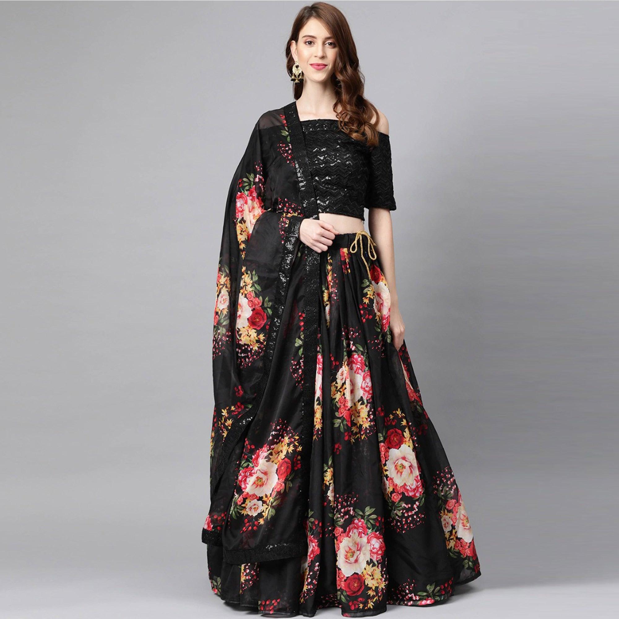 Black Partywear Printed Sequence Pure Organza Lehenga Choli - Peachmode