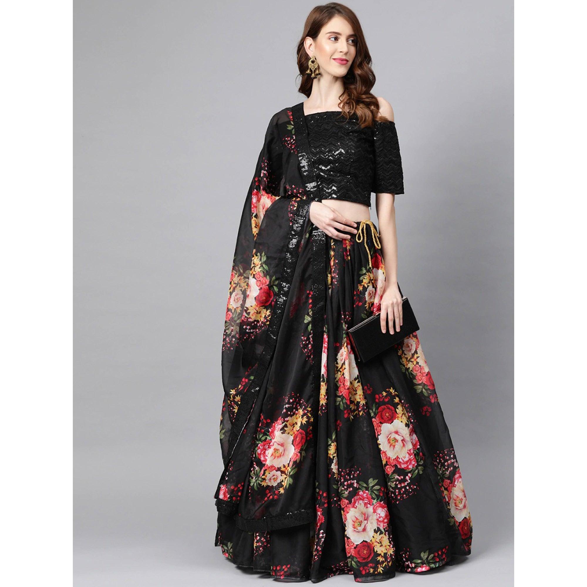 Black Partywear Printed Sequence Pure Organza Lehenga Choli - Peachmode