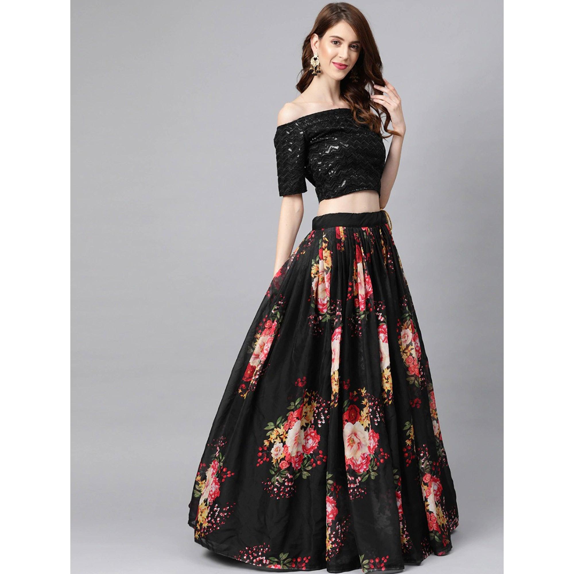 Black Partywear Printed Sequence Pure Organza Lehenga Choli - Peachmode