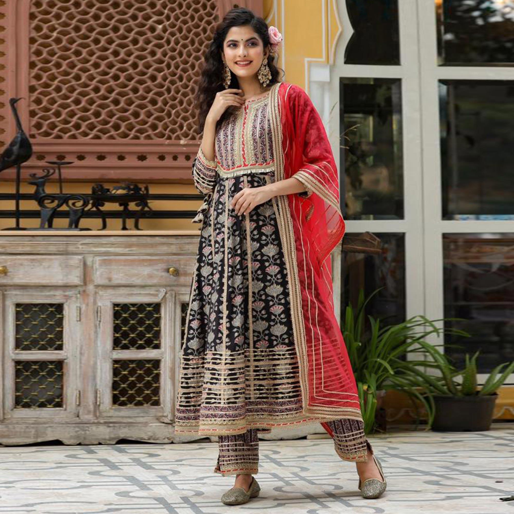Black Partywear Printed With Lace Work Cotton Silk Sharara Suit - Peachmode