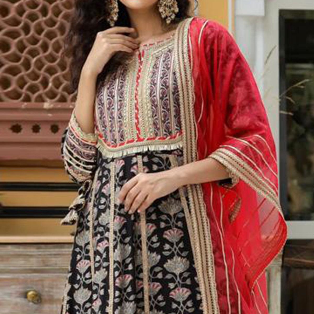 Black Partywear Printed With Lace Work Cotton Silk Sharara Suit - Peachmode