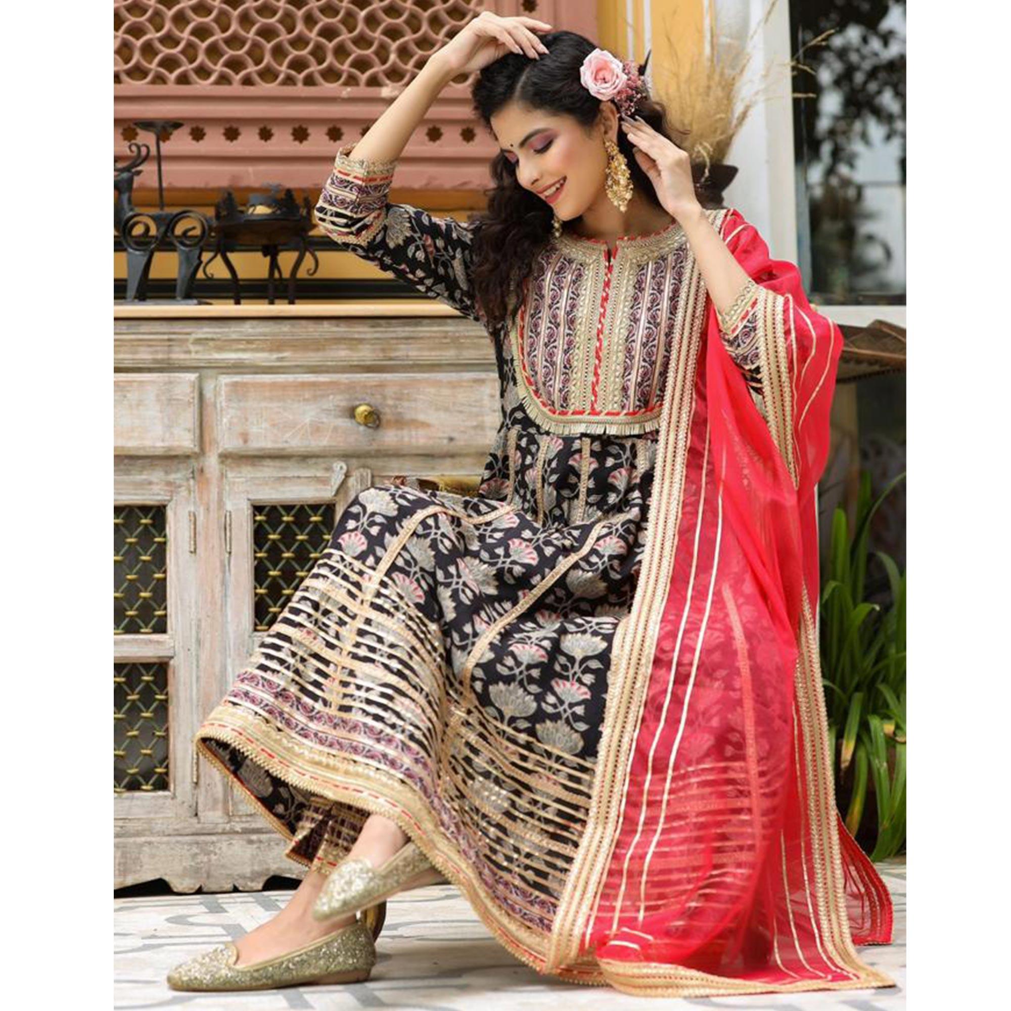 Black Partywear Printed With Lace Work Cotton Silk Sharara Suit - Peachmode