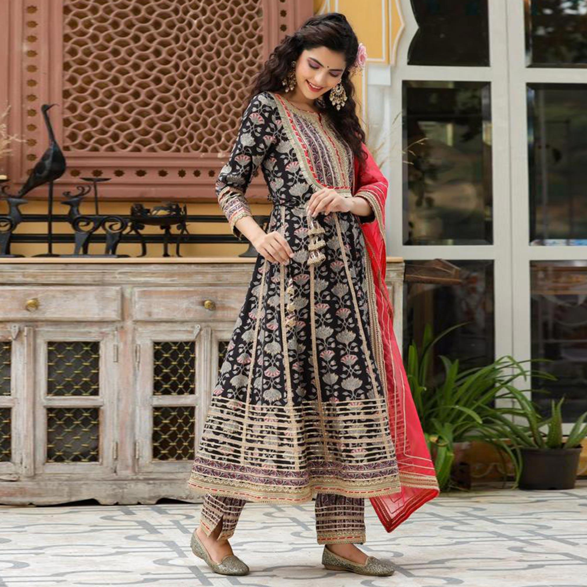Black Partywear Printed With Lace Work Cotton Silk Sharara Suit - Peachmode