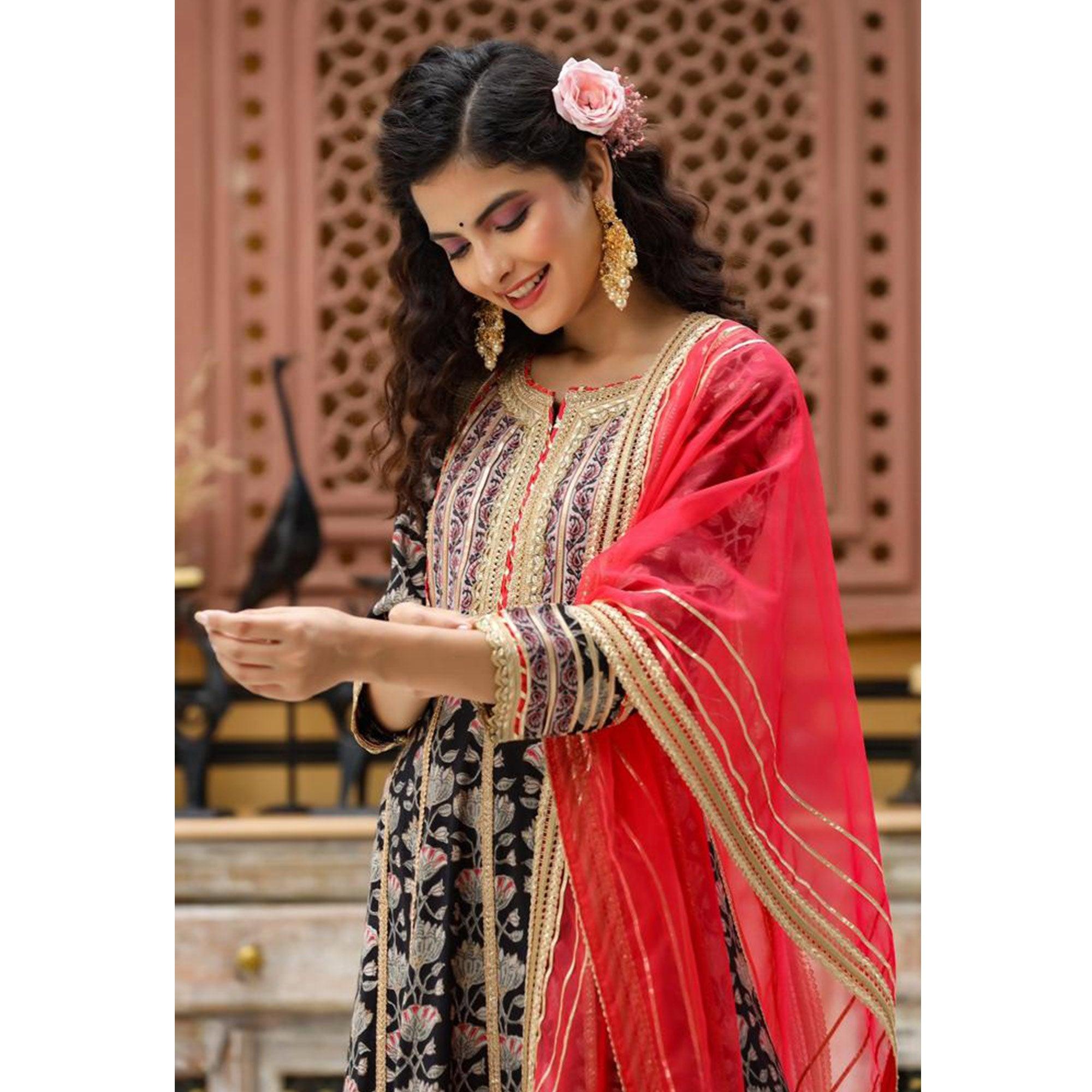 Black Partywear Printed With Lace Work Cotton Silk Sharara Suit - Peachmode