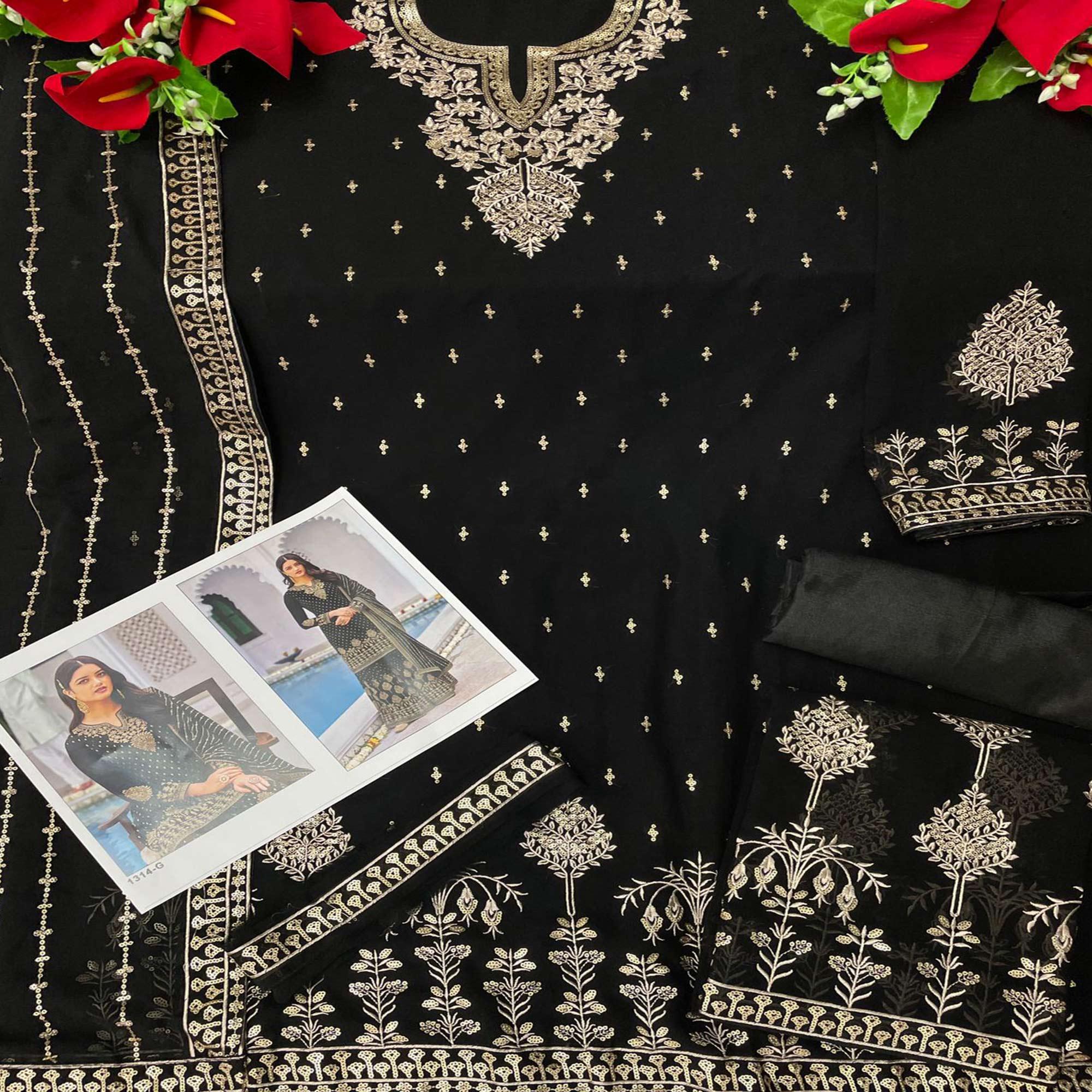Black Partywear Sequence & Embroidered Faux Georgette Salwar Suit - Peachmode
