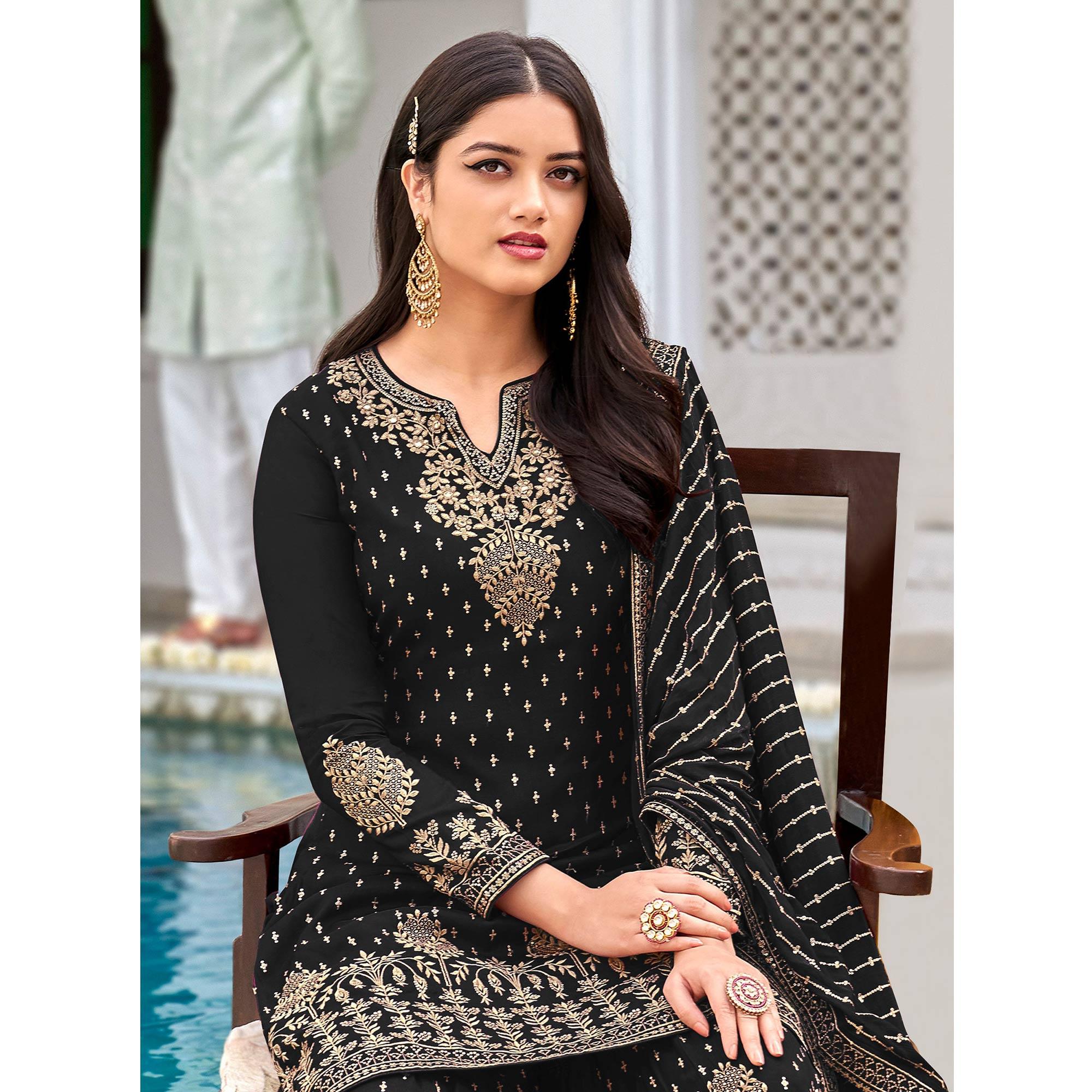 Black Partywear Sequence & Embroidered Faux Georgette Salwar Suit - Peachmode