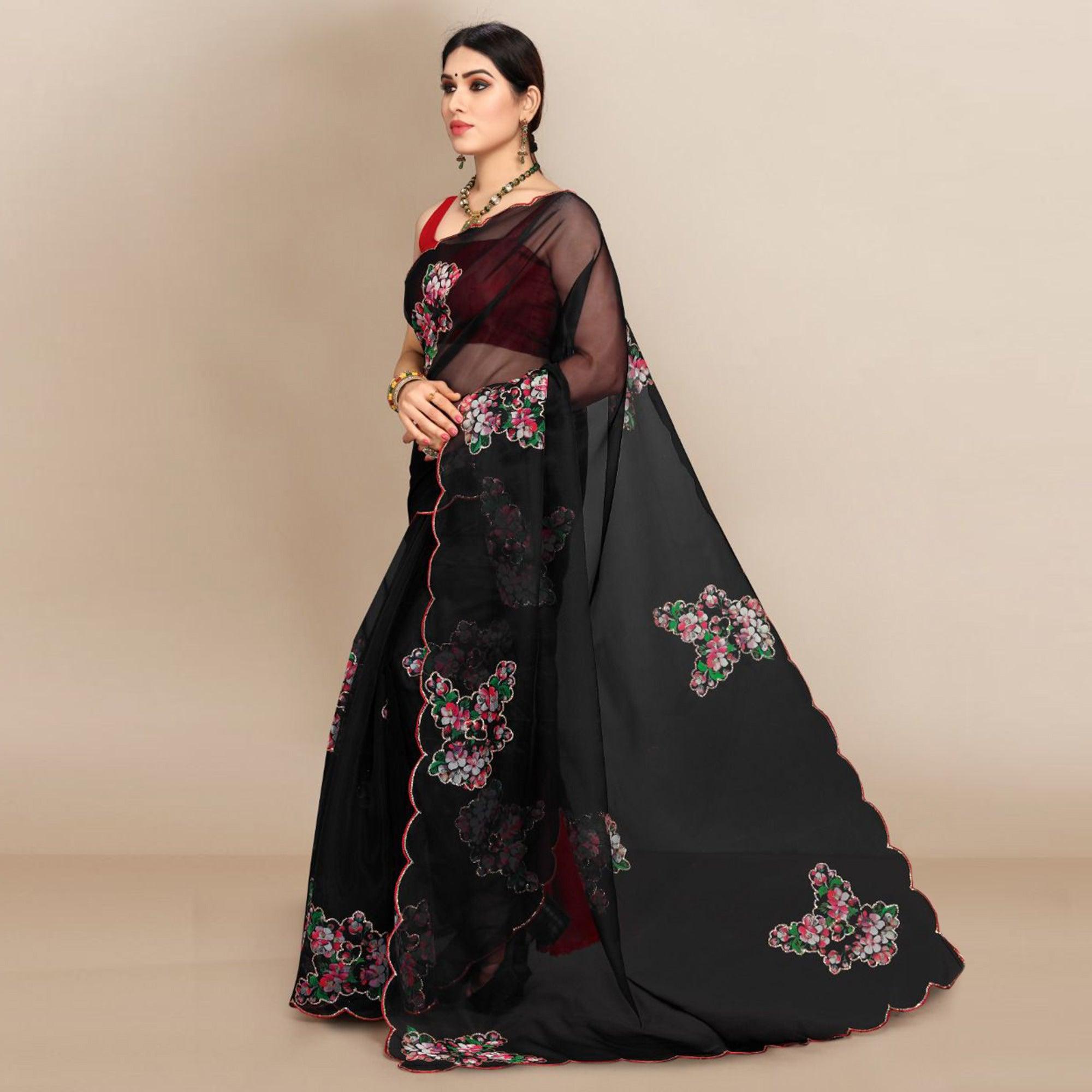 Black Partywear Sequence & Printed Organza Saree - Peachmode