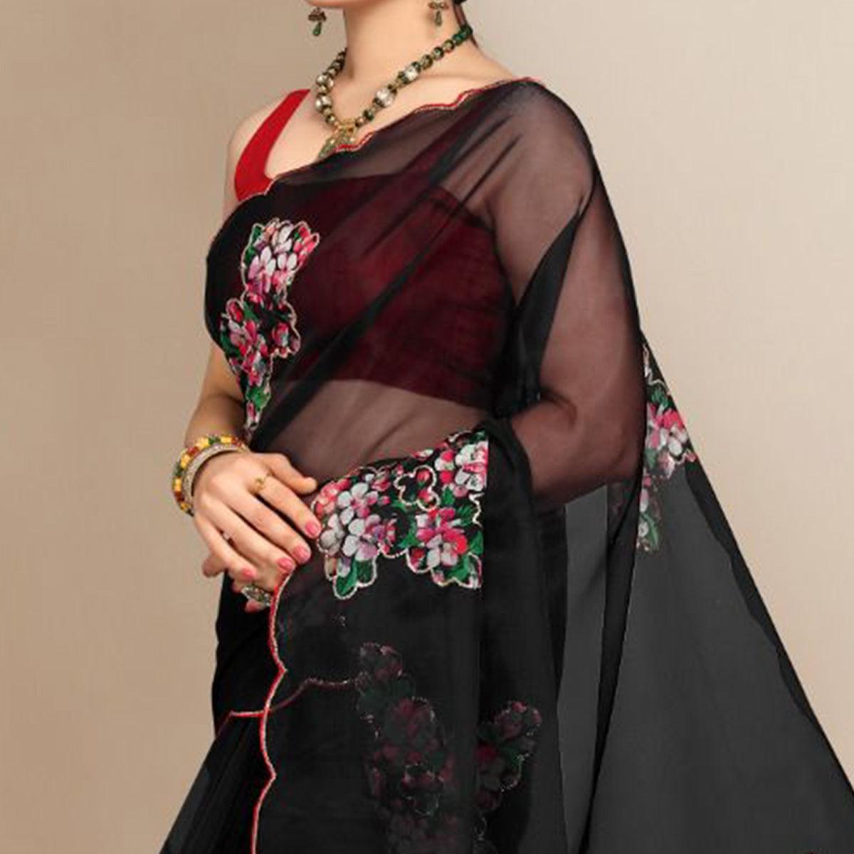 Black Partywear Sequence & Printed Organza Saree - Peachmode
