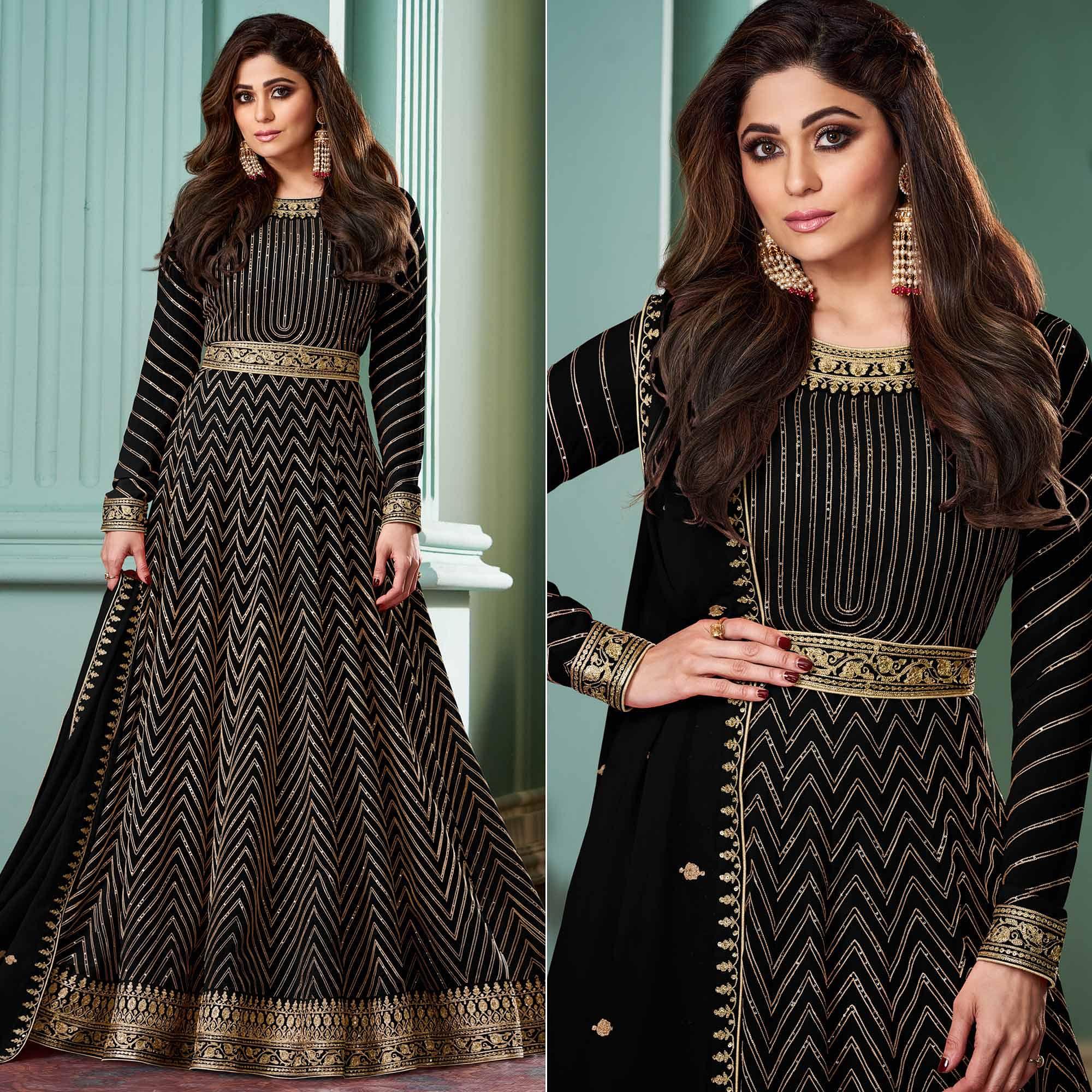 Black Partywear Sequence Embroidered Georgette Gown - Peachmode