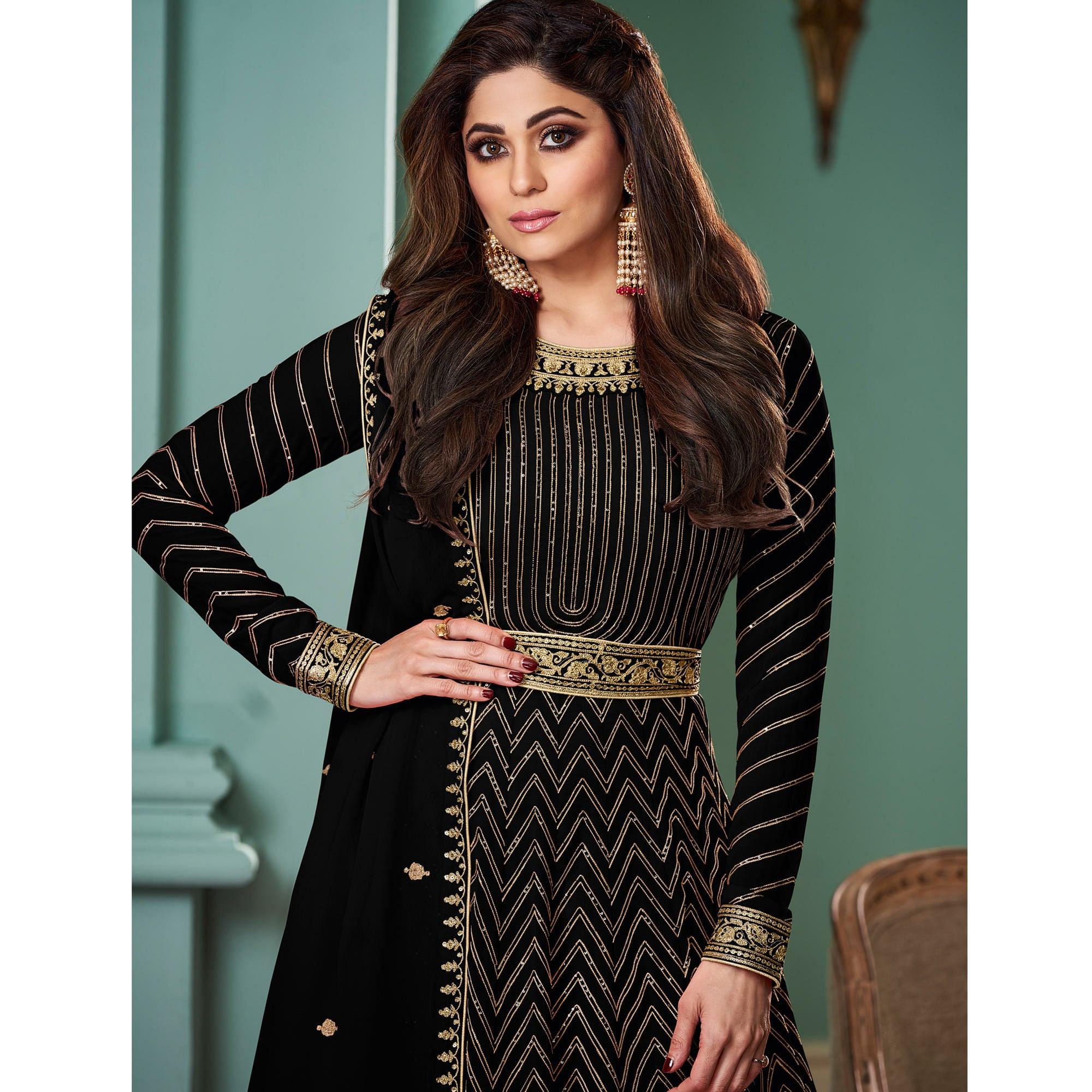 Black Partywear Sequence Embroidered Georgette Gown - Peachmode