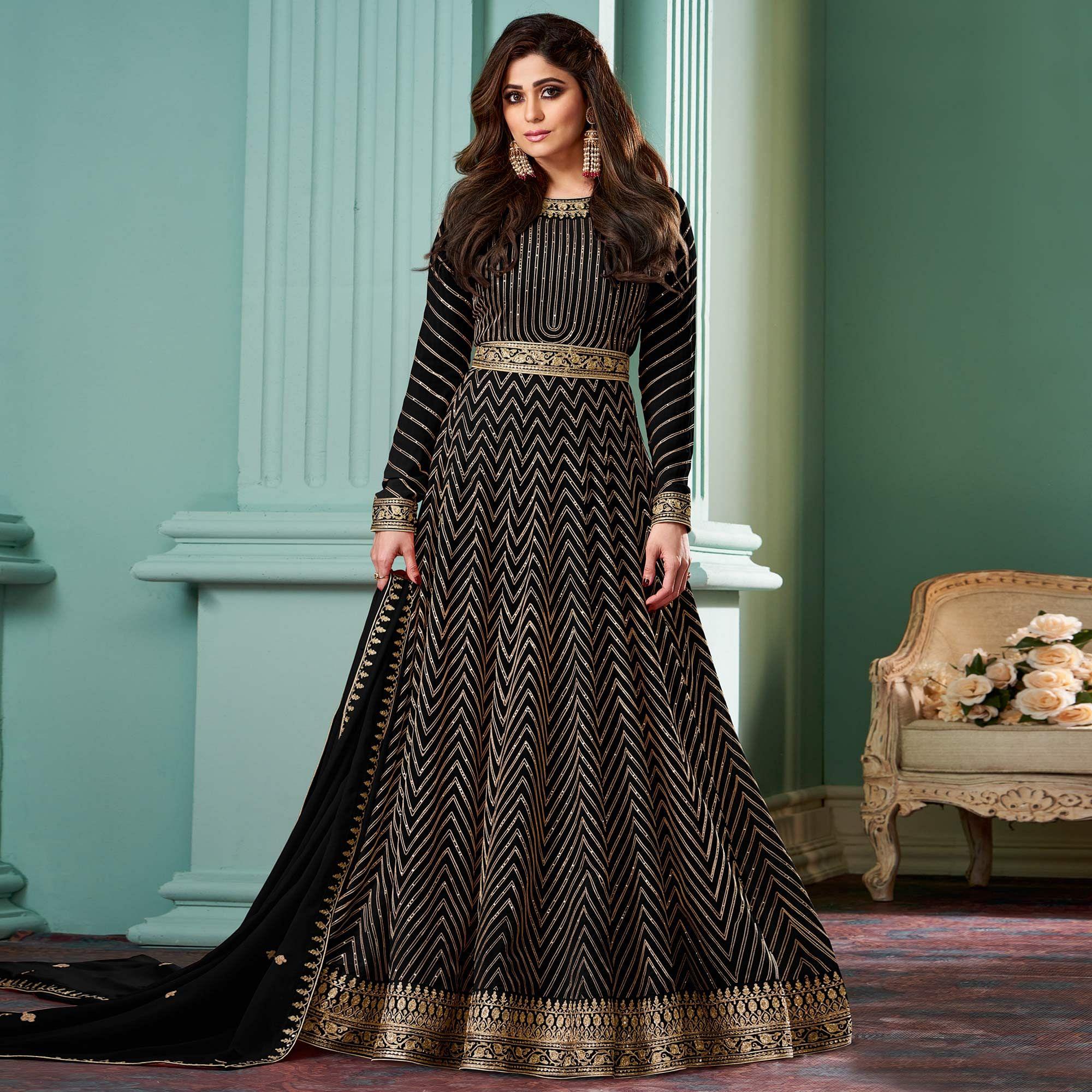 Black Partywear Sequence Embroidered Georgette Gown - Peachmode