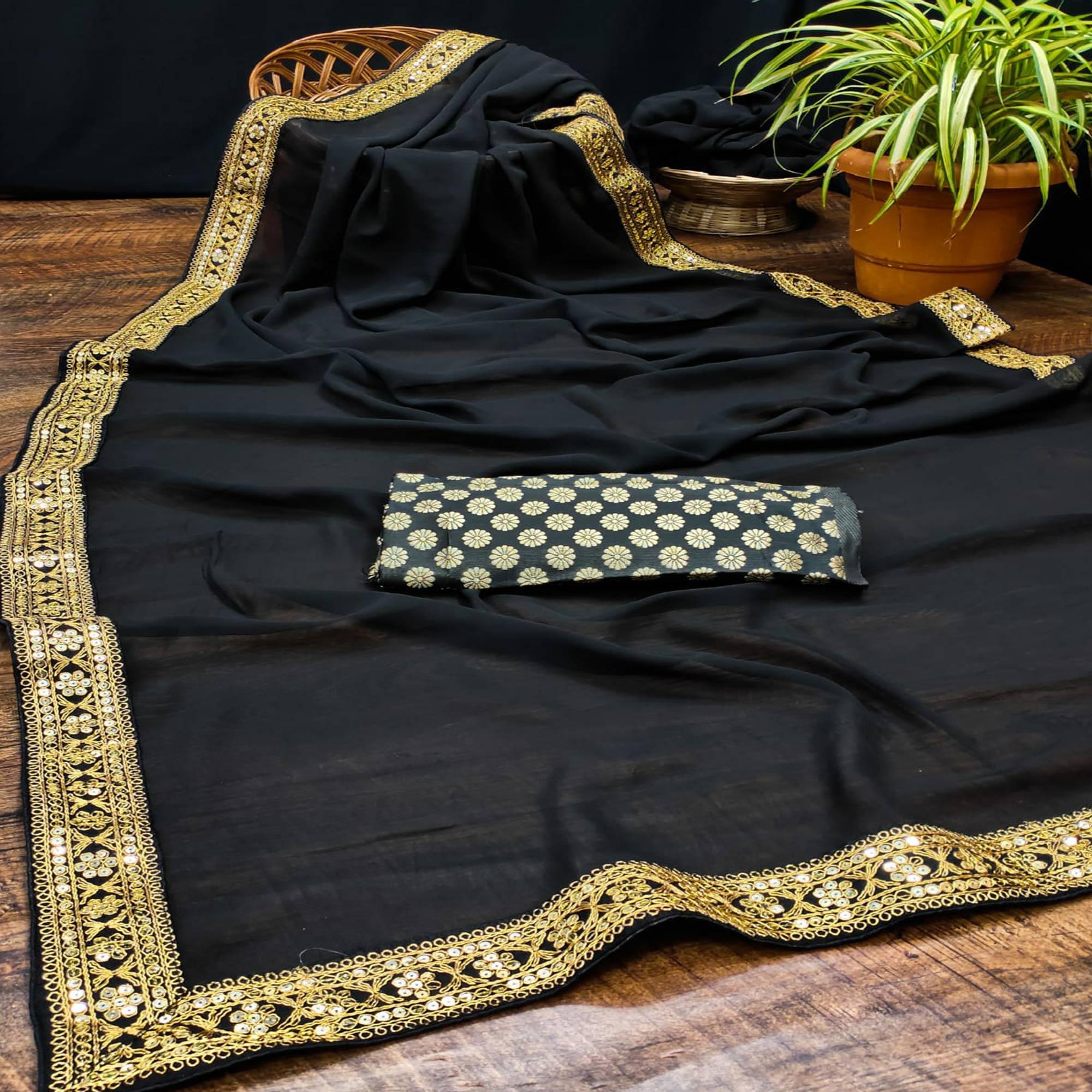 Black Partywear Sequence Embroidered Georgette Saree - Peachmode