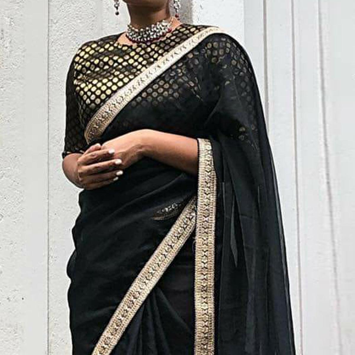 Black Partywear Sequence Embroidered Georgette Saree - Peachmode