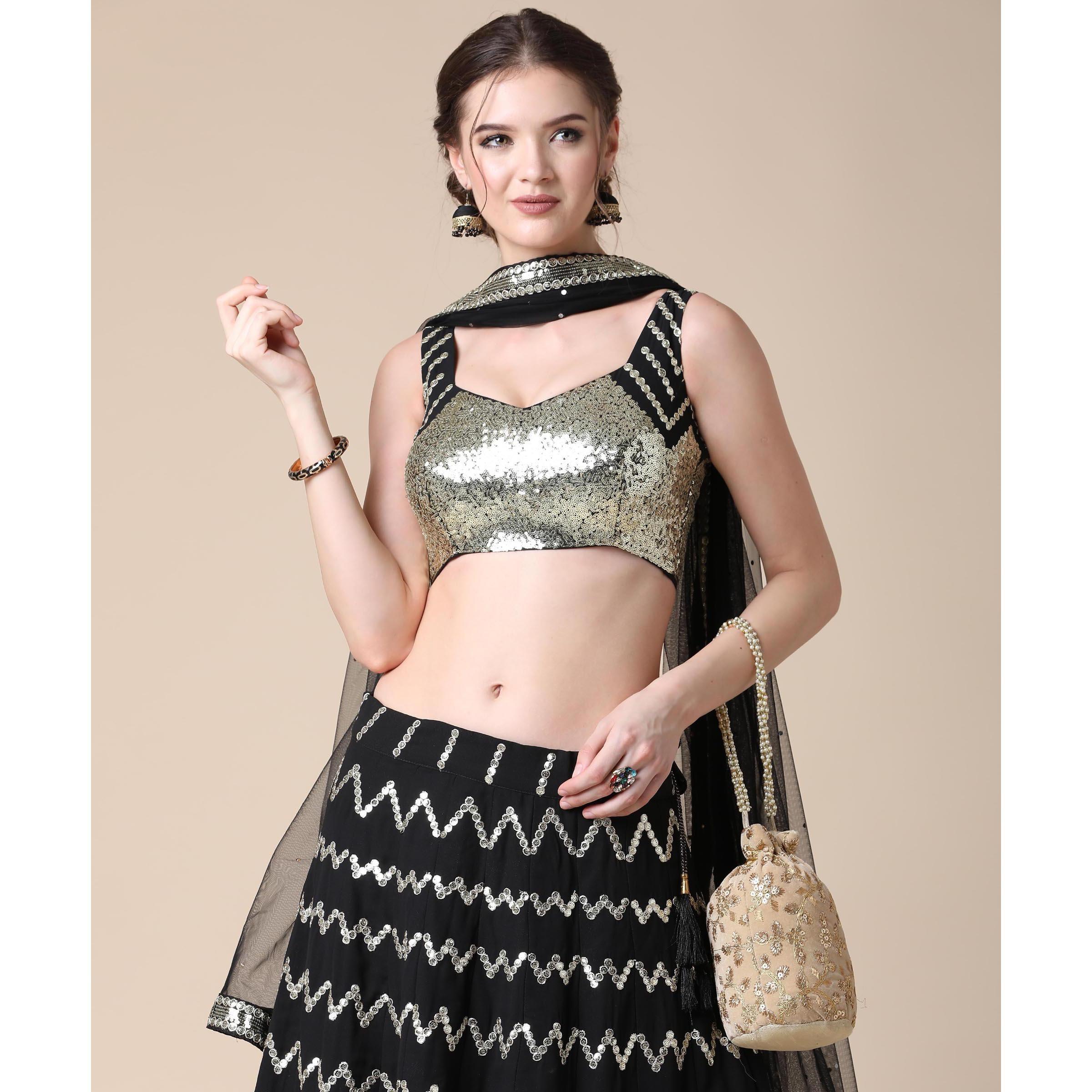 Black Partywear Sequence Embroidered Heavy Georgette Lehenga - Peachmode