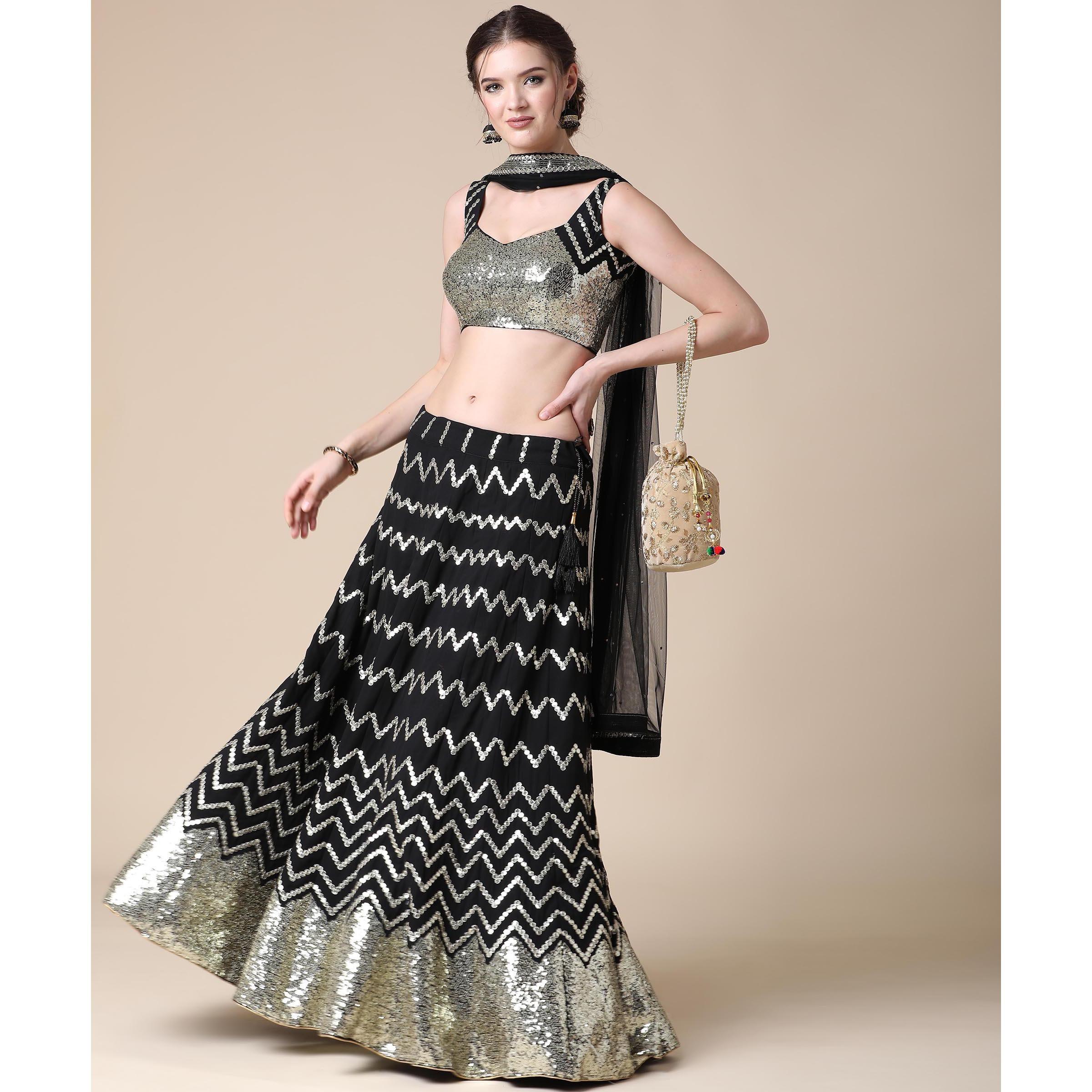 Black Partywear Sequence Embroidered Heavy Georgette Lehenga - Peachmode