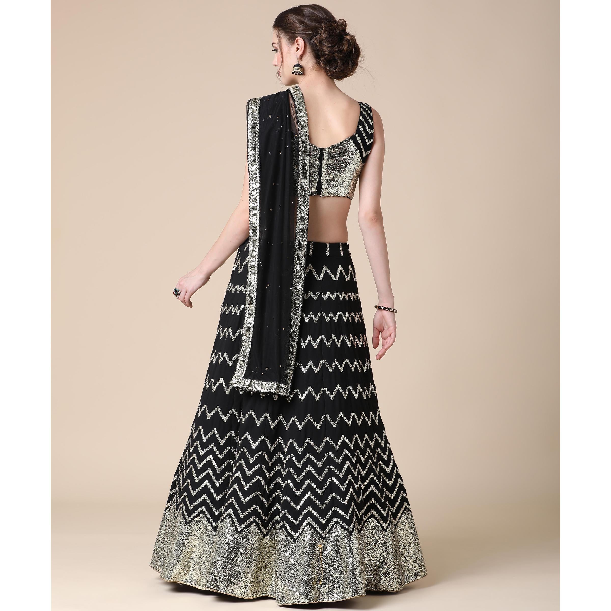 Black Partywear Sequence Embroidered Heavy Georgette Lehenga - Peachmode