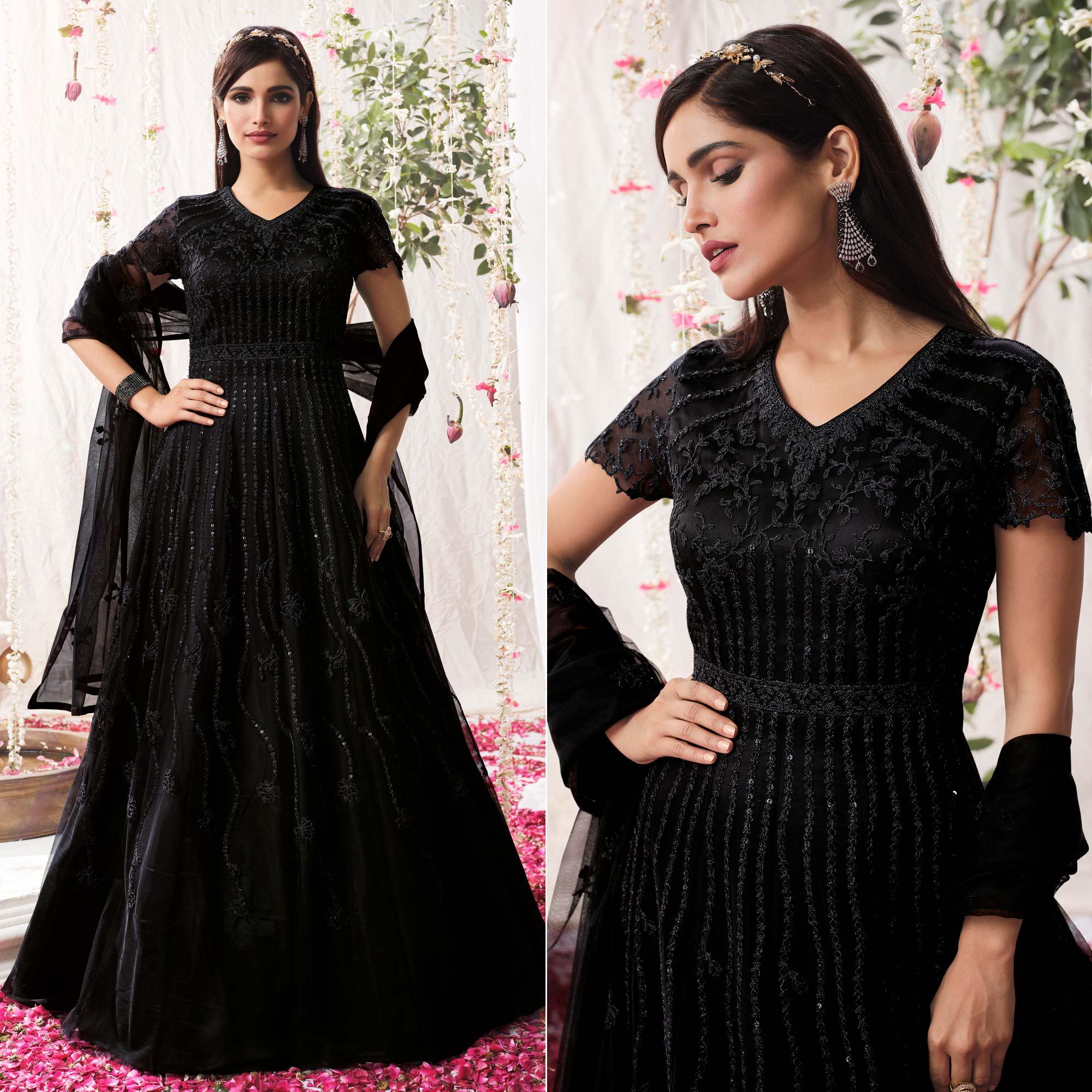 Black Partywear Sequence Embroidered Net Gown - Peachmode