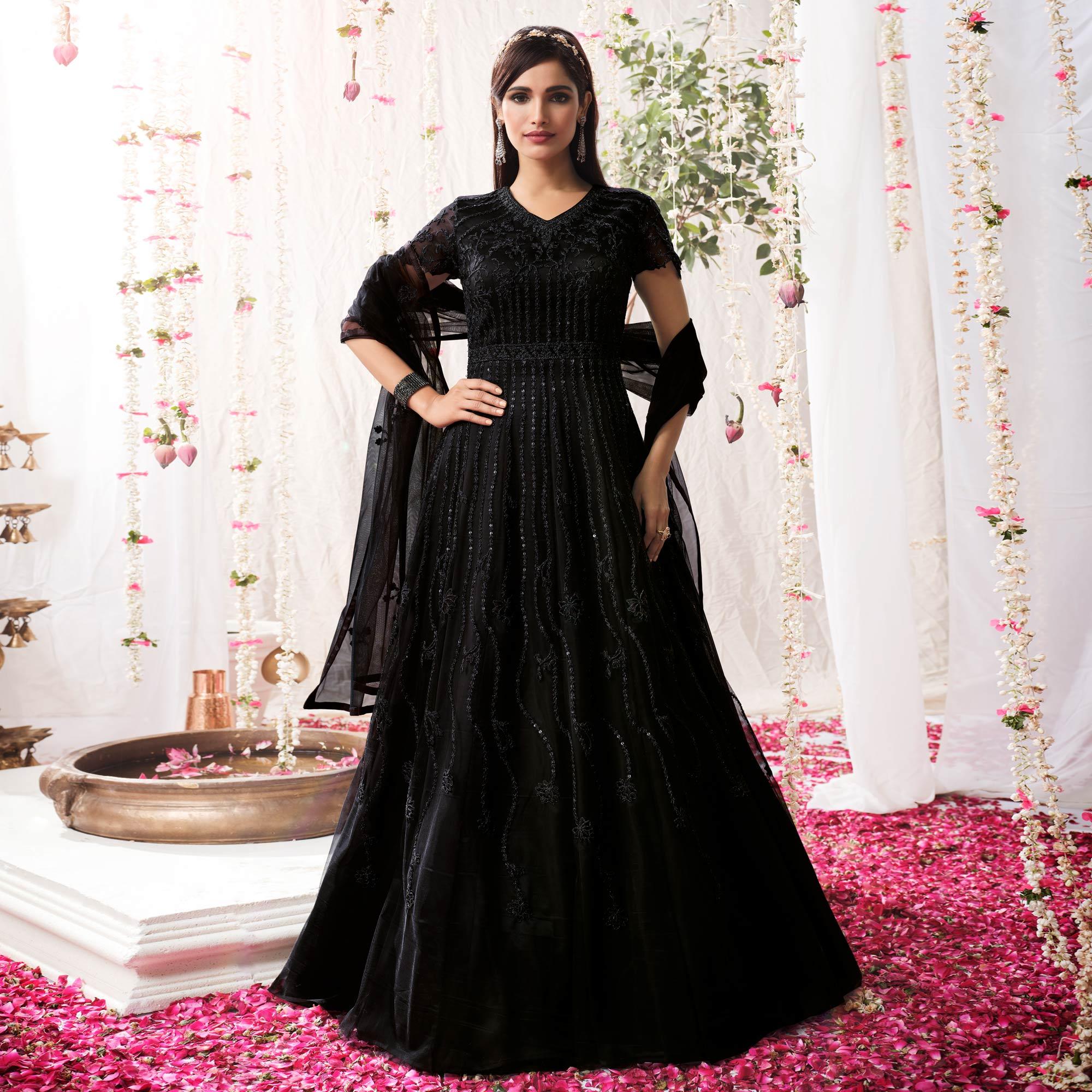 Party Wear Black Color Sequence embroidery work Gown - Gowns - Indian