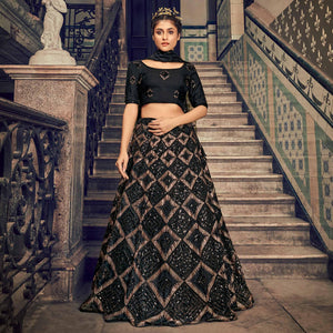 Black Partywear Sequence Embroidered Net Lehenga Choli - Peachmode