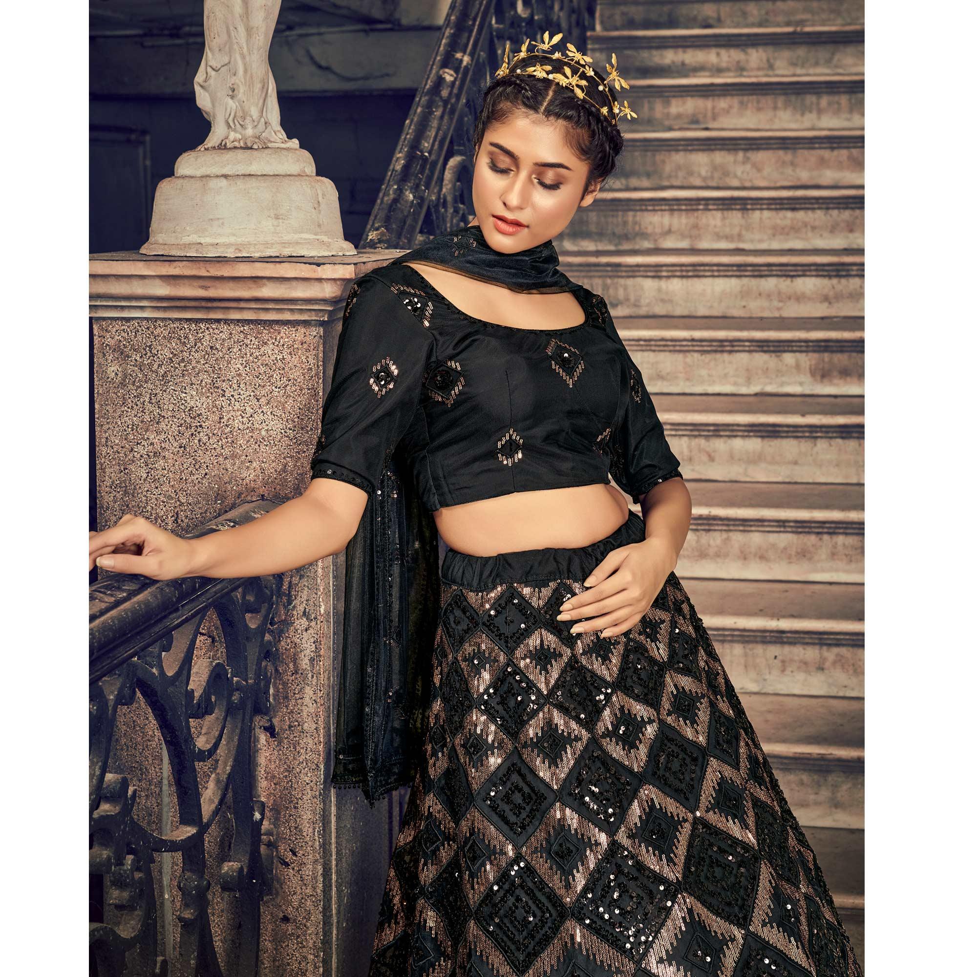 Black Partywear Sequence Embroidered Net Lehenga Choli - Peachmode