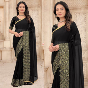 Black Partywear Sequence Embroidered Silk Saree - Peachmode