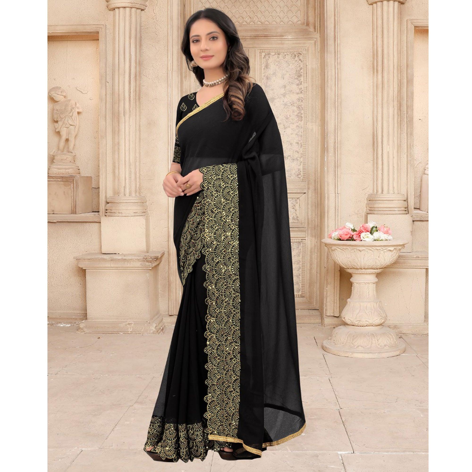 Black Partywear Sequence Embroidered Silk Saree - Peachmode