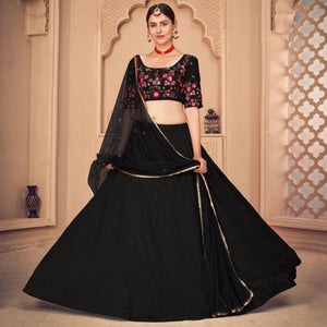 Black Partywear Thread With Sequence Floral Embroidered Georgette Lehenga Choli - Peachmode