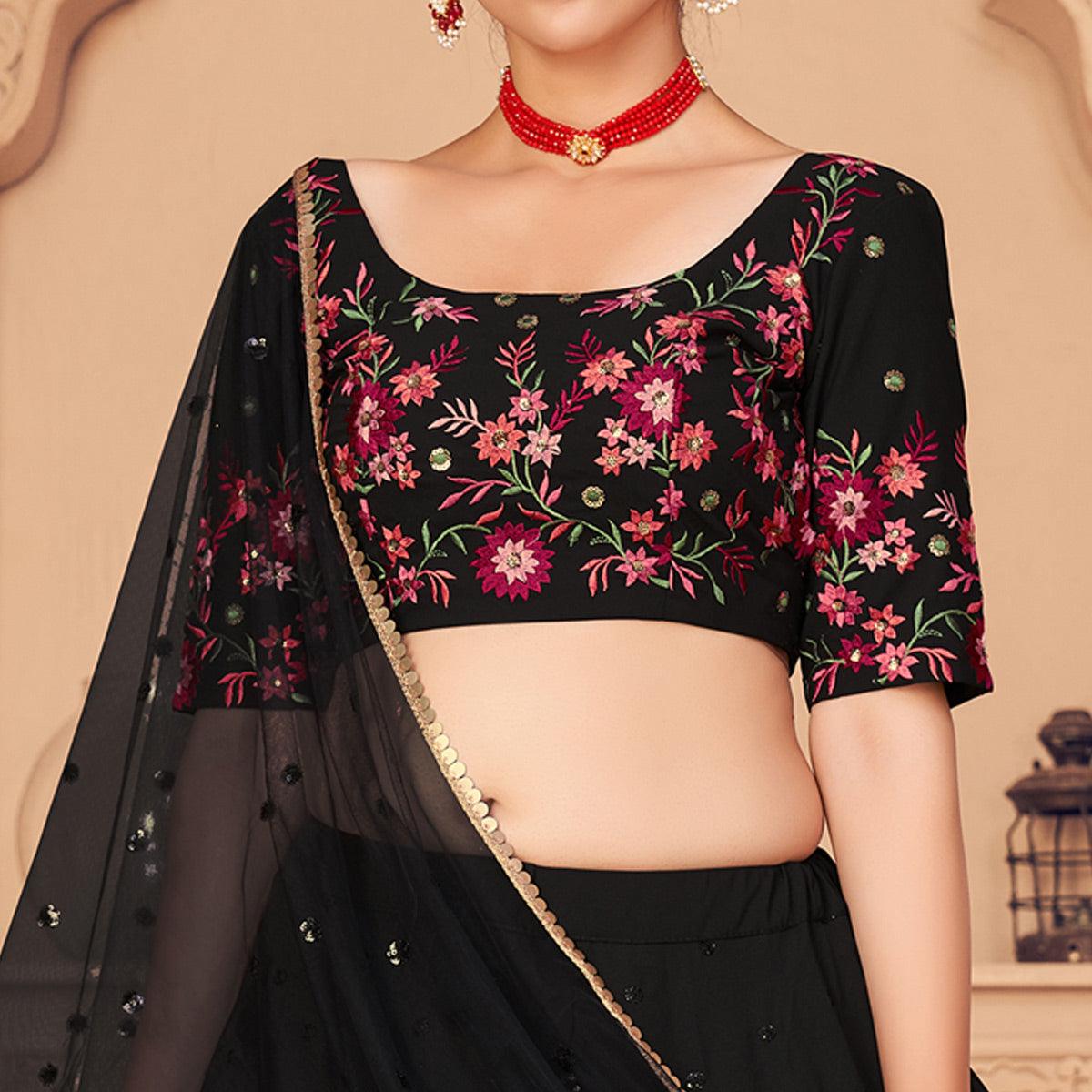 Black Partywear Thread With Sequence Floral Embroidered Georgette Lehenga Choli - Peachmode