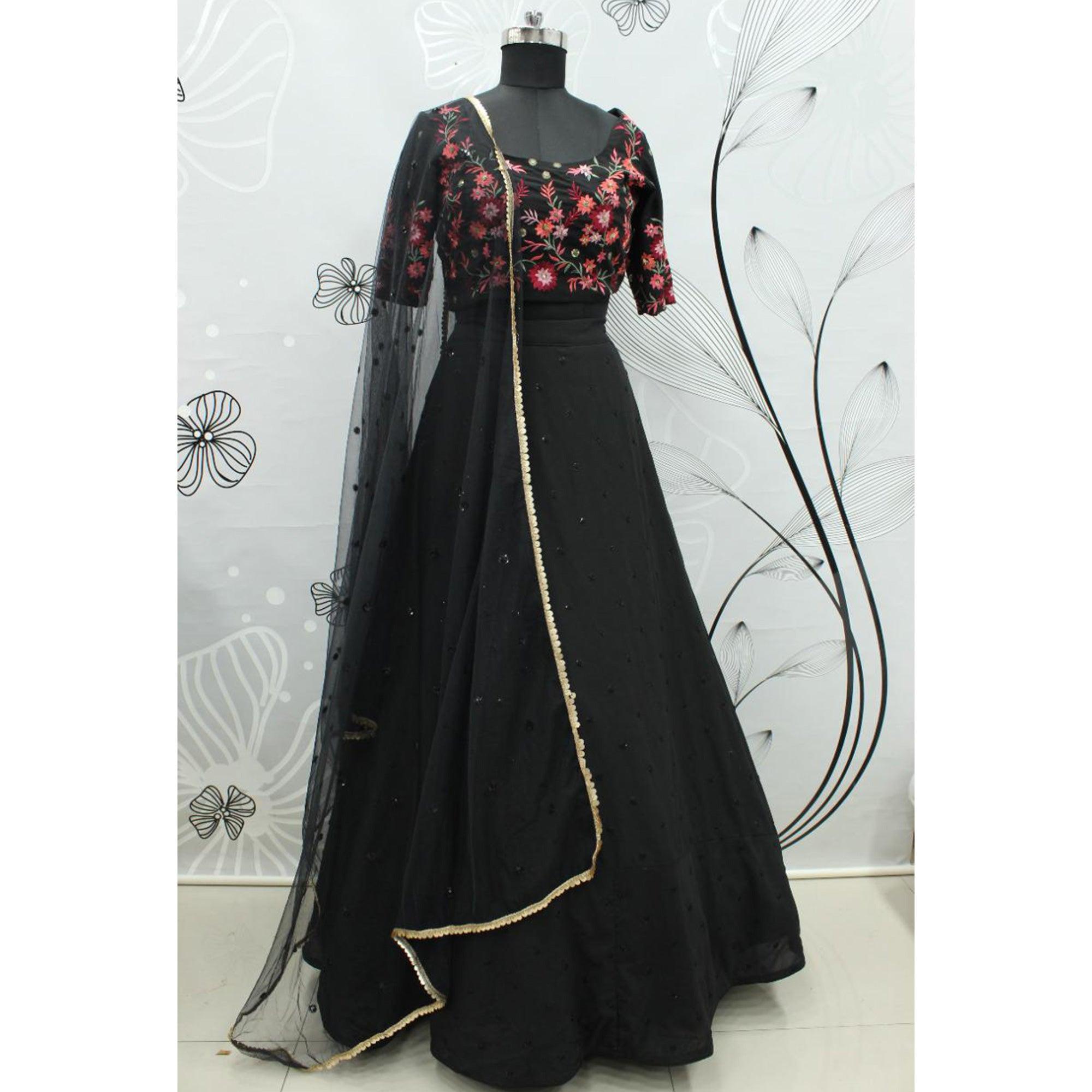 Black Partywear Thread With Sequence Floral Embroidered Georgette Lehenga Choli - Peachmode