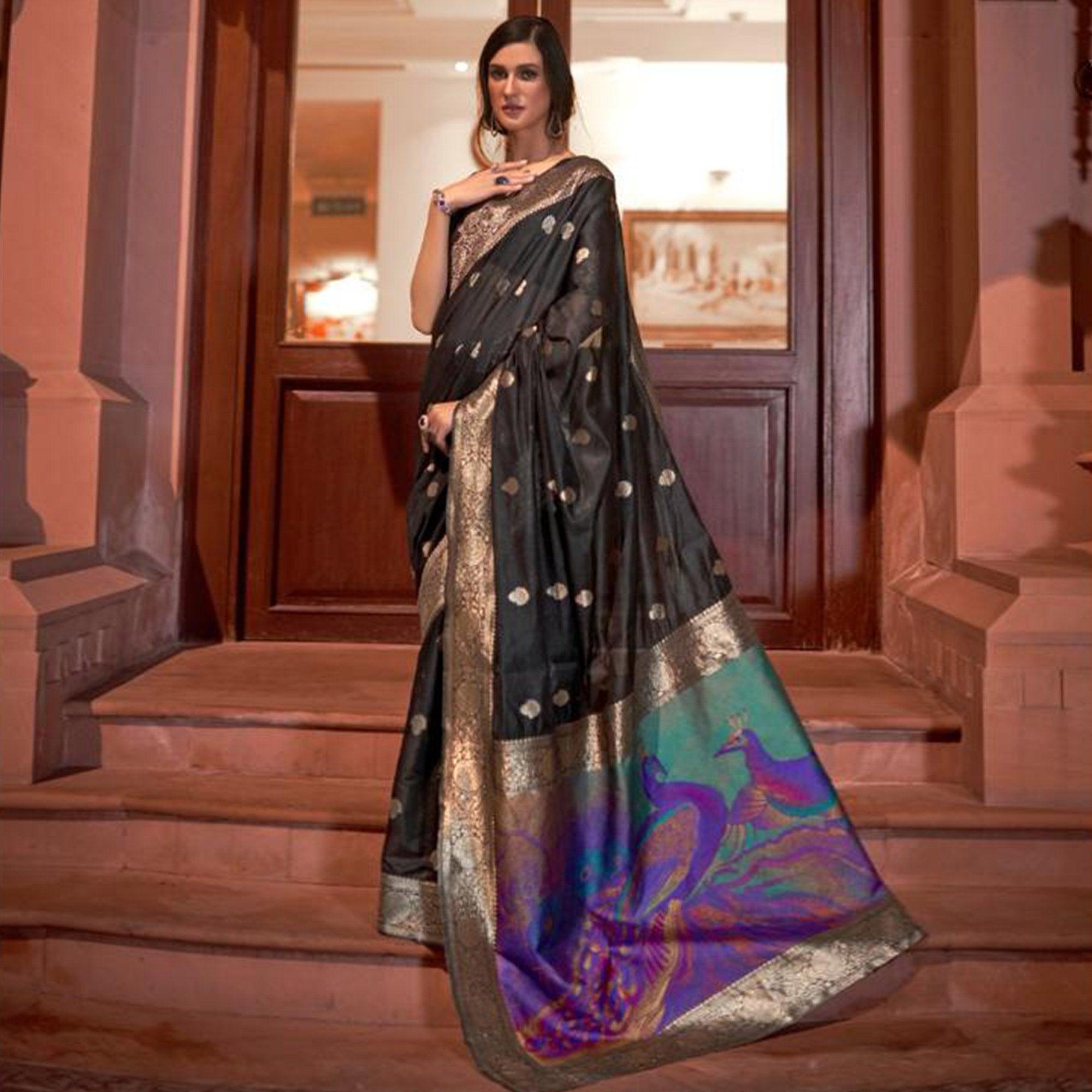 Black Partywear Woven Silk Saree - Peachmode