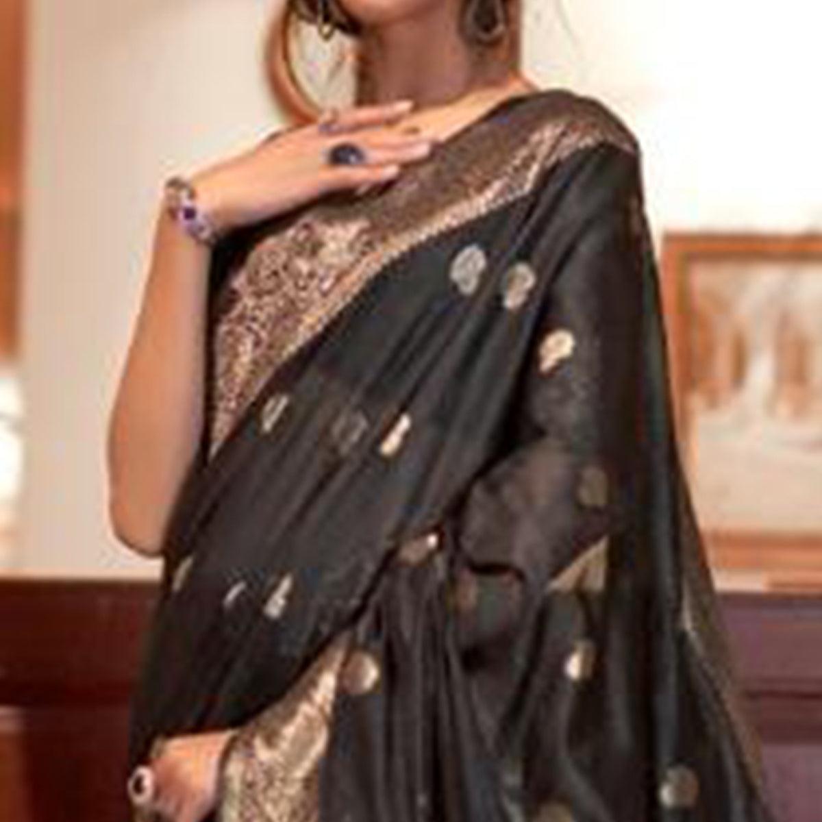 Black Partywear Woven Silk Saree - Peachmode