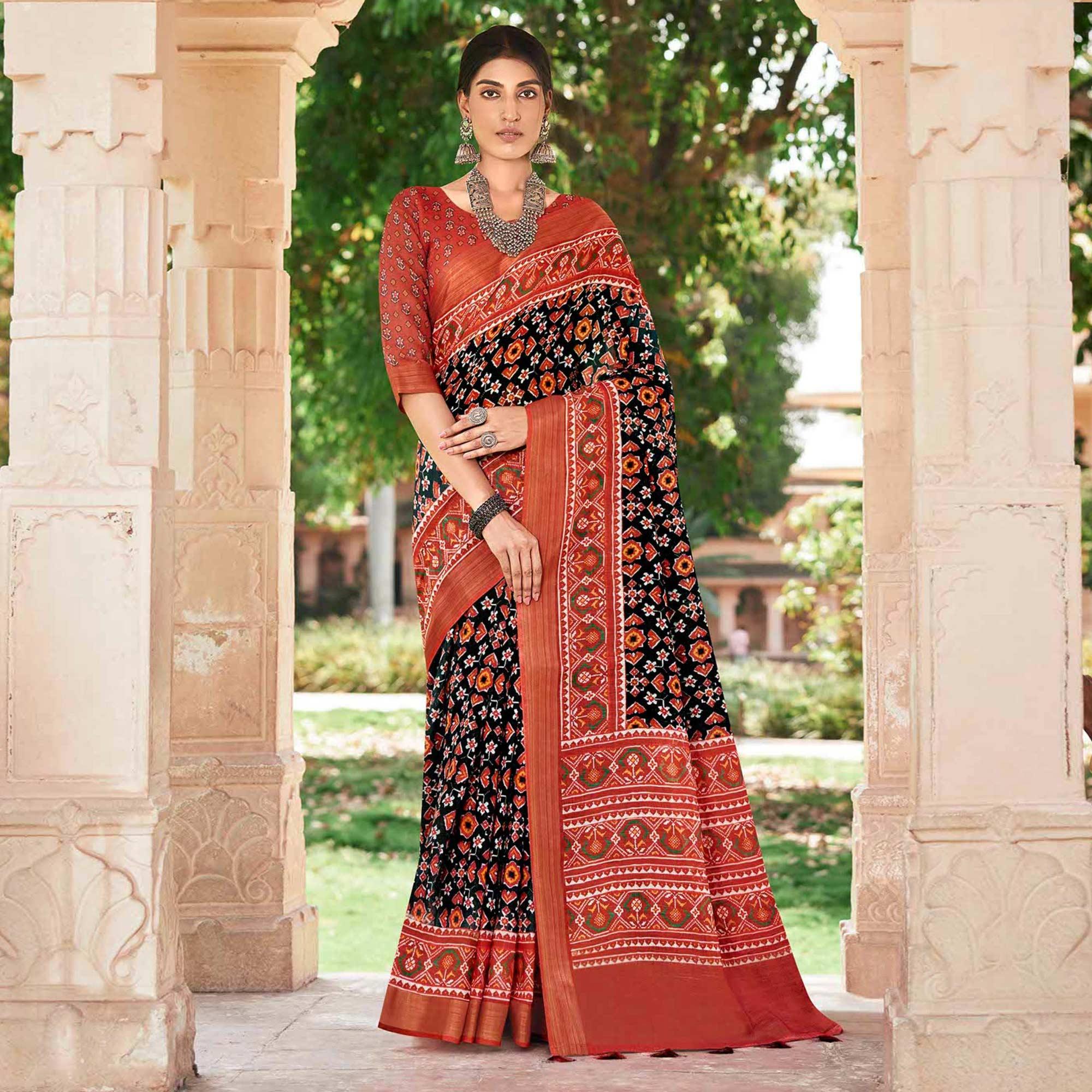 Black Patola Printed Cotton Silk Saree With Tassels - Peachmode