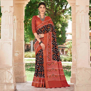 Black Patola Printed Cotton Silk Saree With Tassels - Peachmode