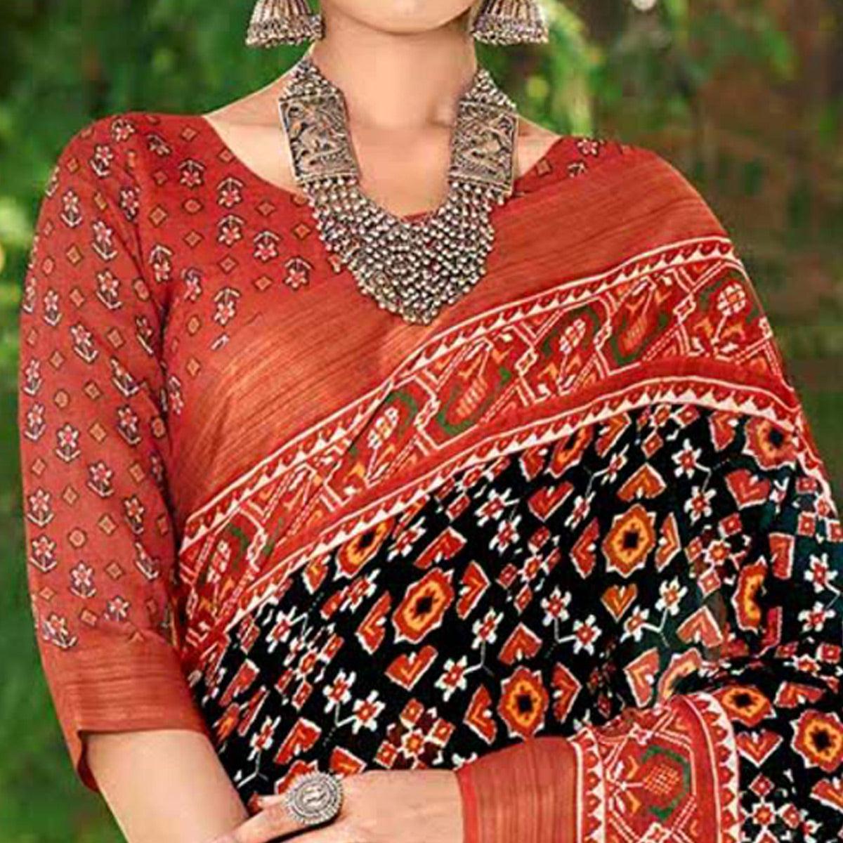 Black Patola Printed Cotton Silk Saree With Tassels - Peachmode