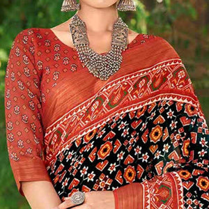 Black Patola Printed Cotton Silk Saree With Tassels - Peachmode