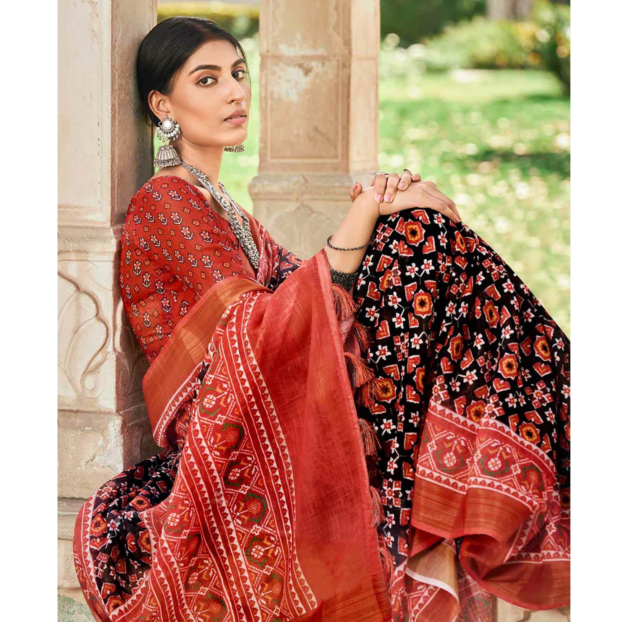 Black Patola Printed Cotton Silk Saree With Tassels - Peachmode