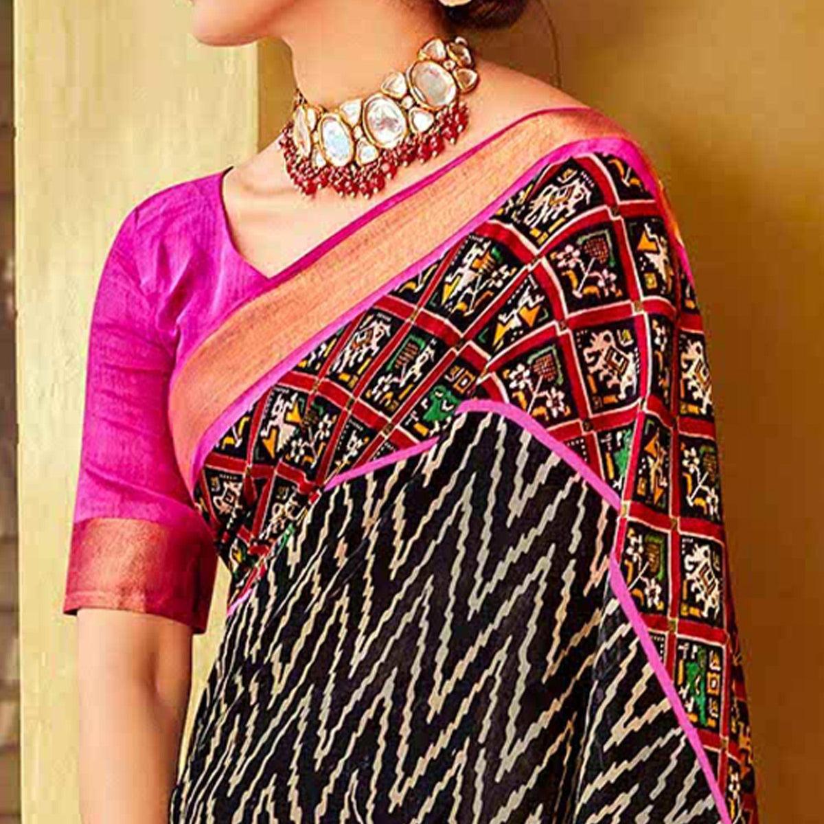 Black Patola Printed Linen Saree - Peachmode