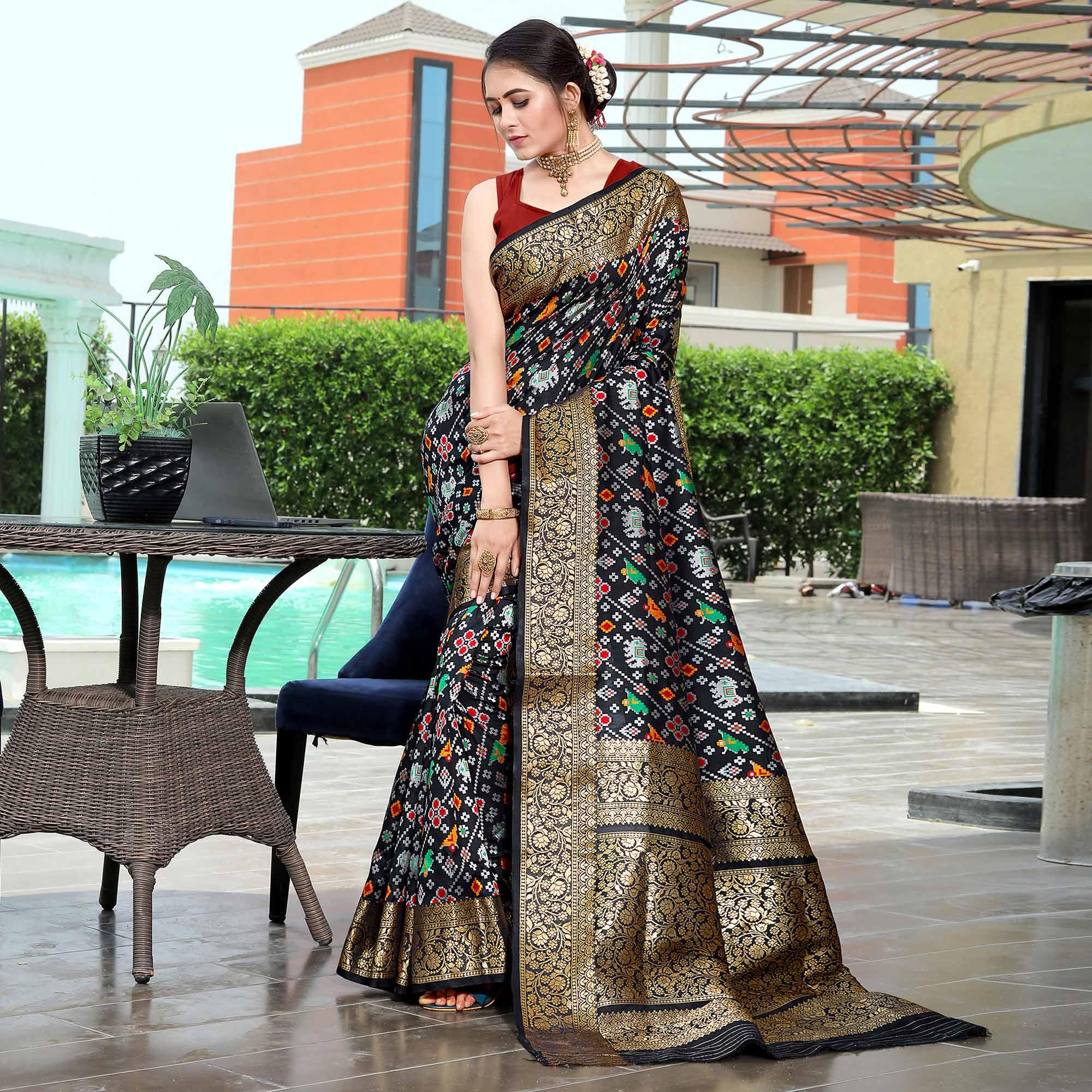 Black Patola Printed With Woven Border Banarasi Silk Saree - Peachmode