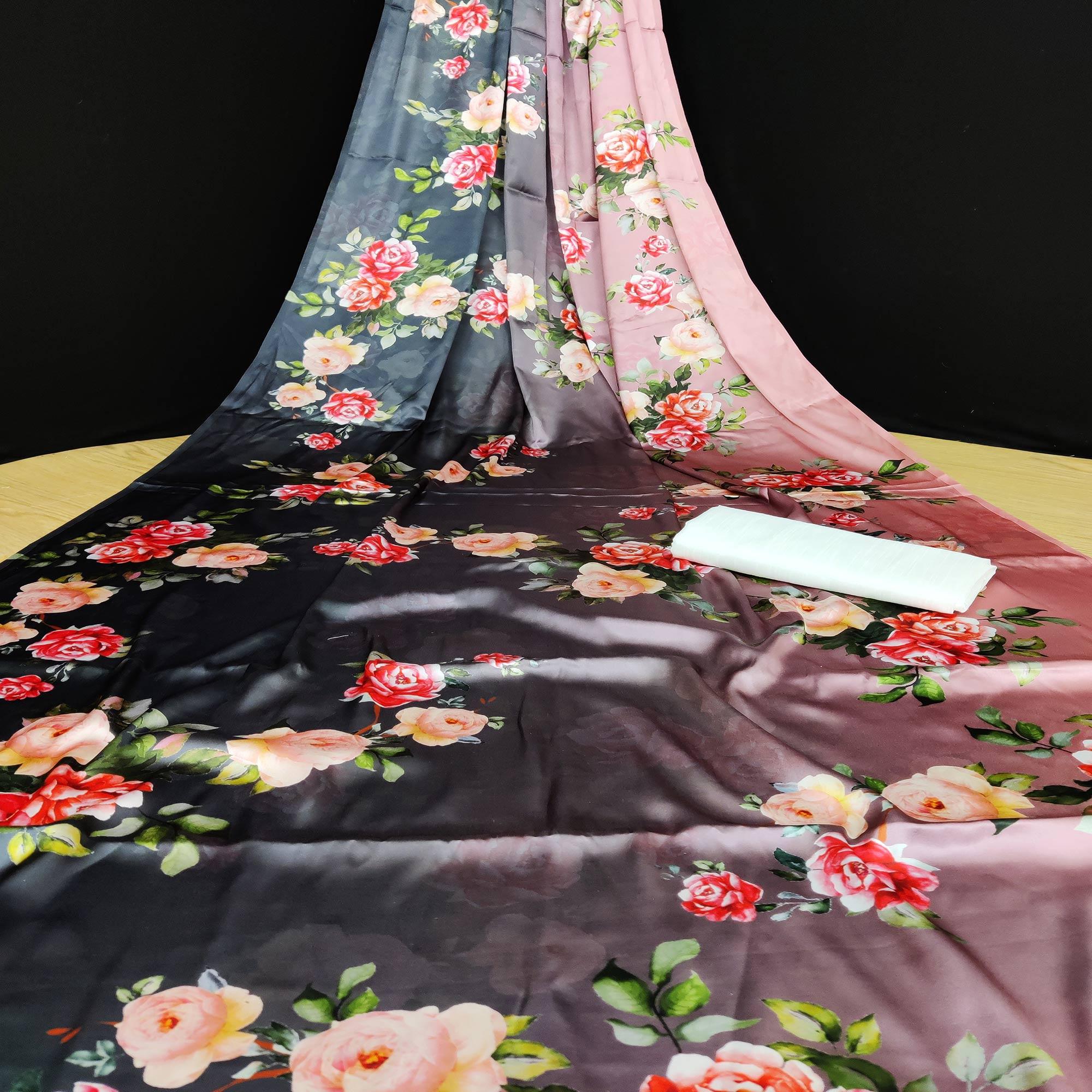 Black-Pink Casual Wear Floral Digital Printed Satin Saree - Peachmode