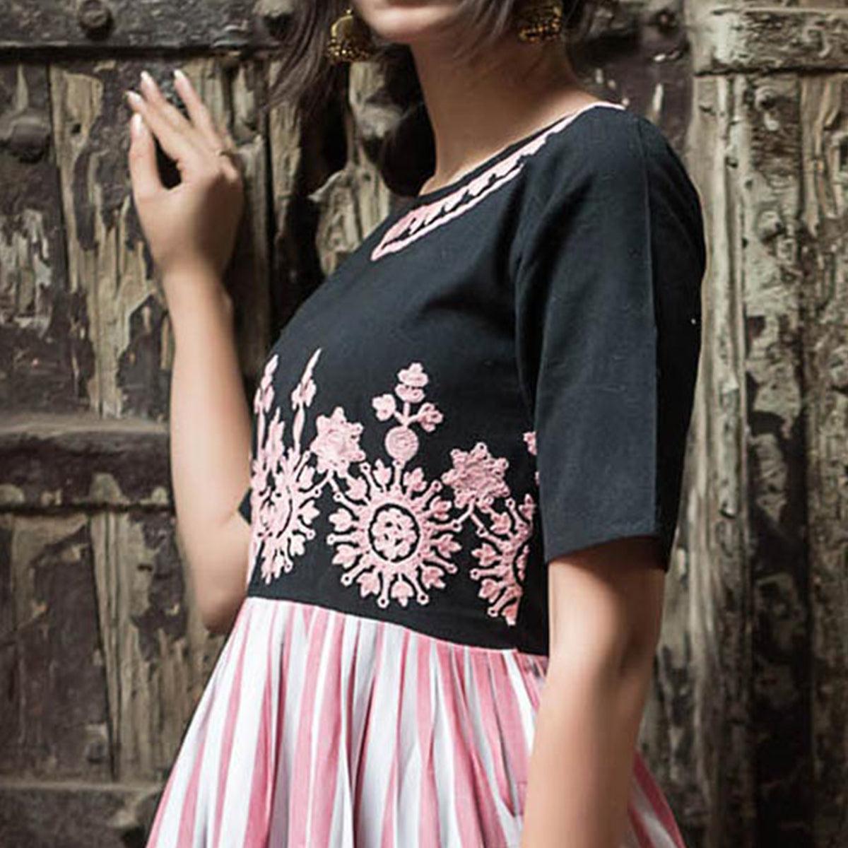 Black-Pink Embroidered Linen Long Kurti - Peachmode