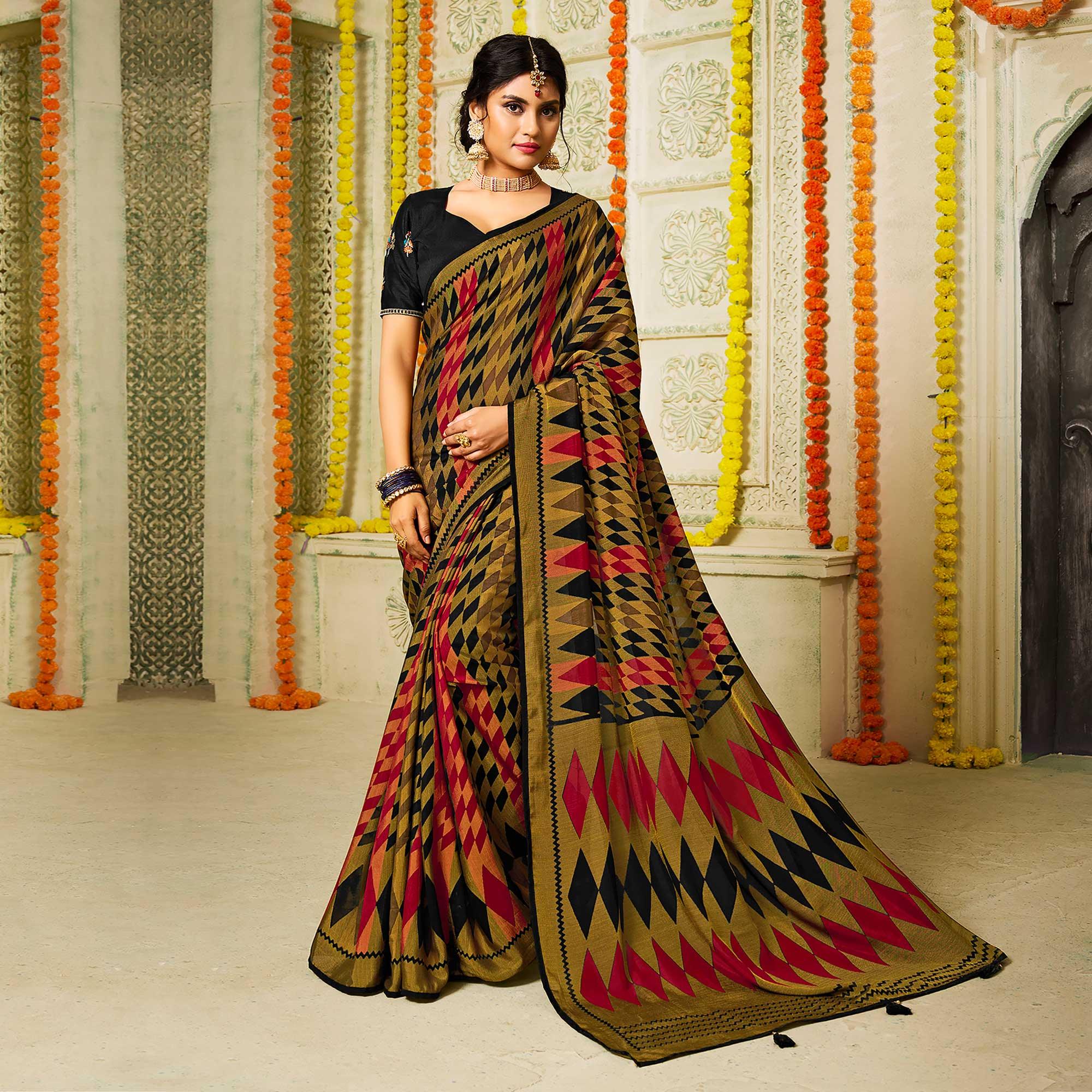 Black-Pink Geometric Printed Brasso Saree With Tassels - Peachmode