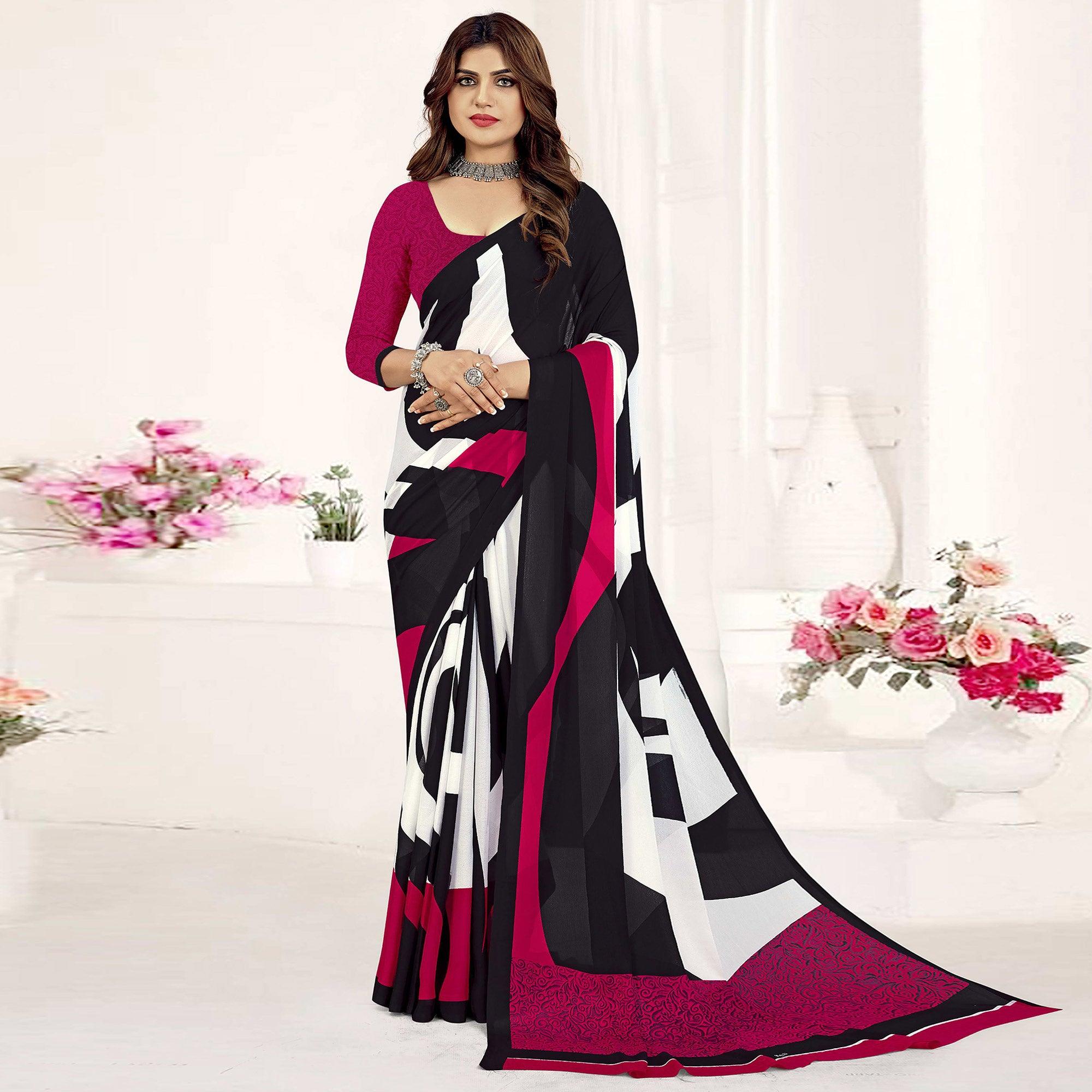 Black-Pink Geometric Printed Georgette Saree - Peachmode