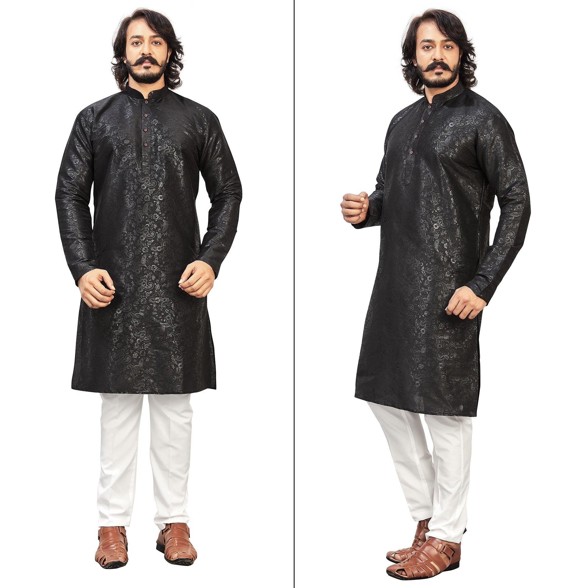 Black Printed Art Silk Men's Kurta Pyjama Set - Peachmode