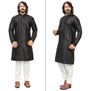 Black Printed Art Silk Men's Kurta Pyjama Set - Peachmode