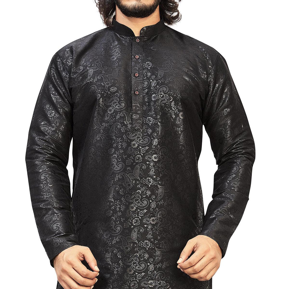 Black Printed Art Silk Men's Kurta Pyjama Set - Peachmode