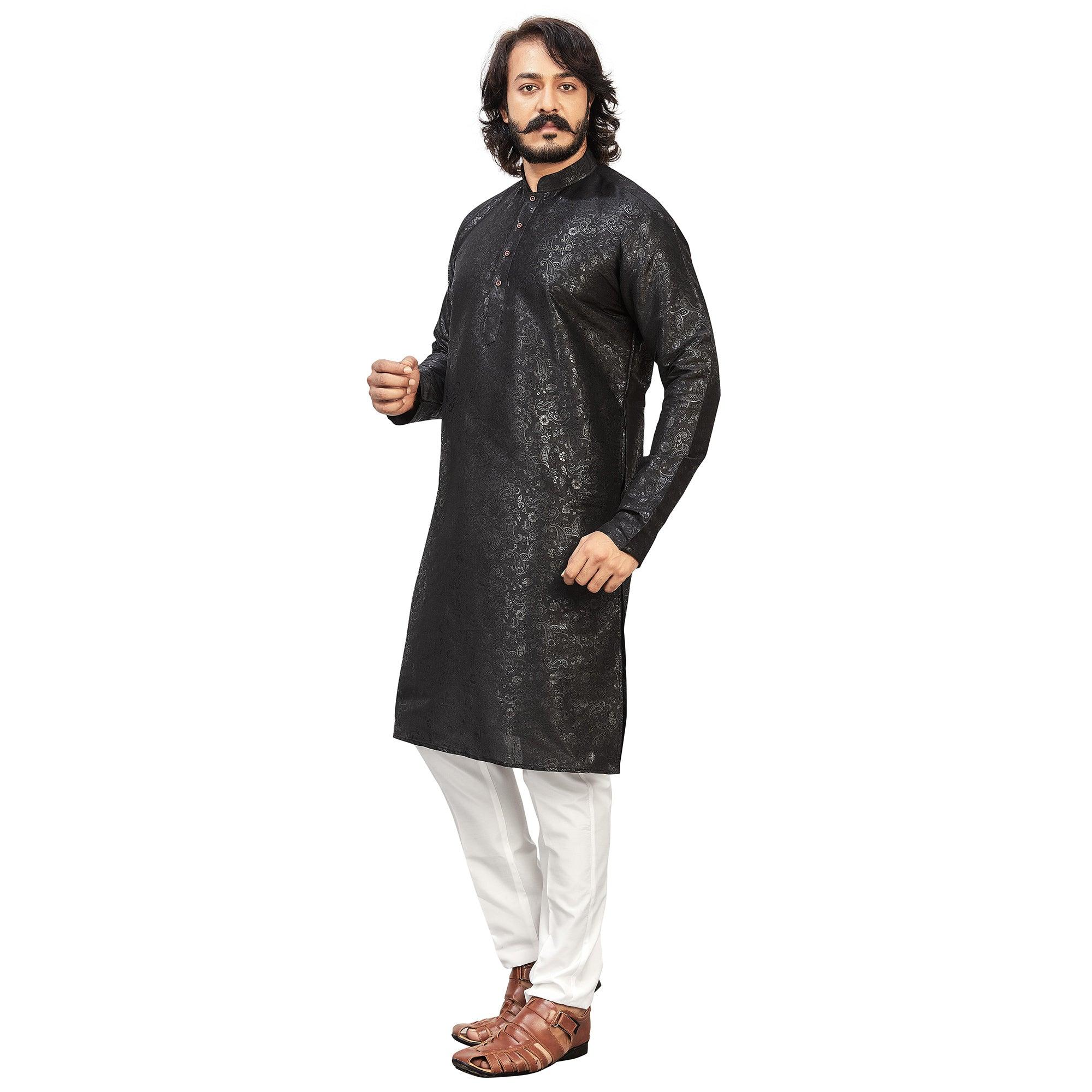 Black Printed Art Silk Men's Kurta Pyjama Set - Peachmode