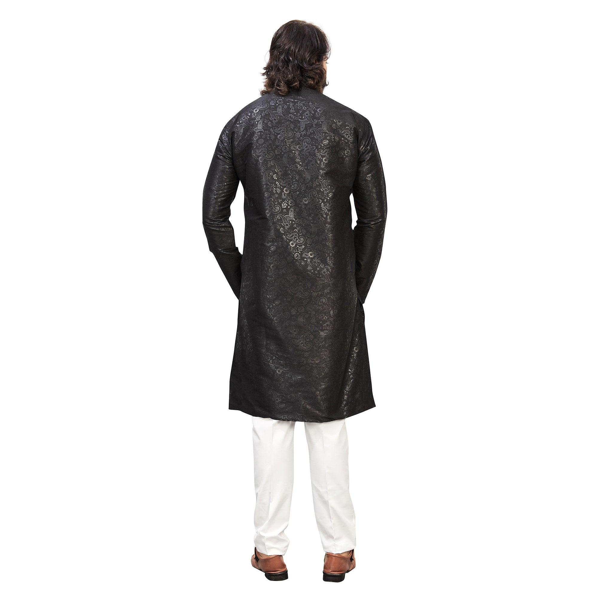 Black Printed Art Silk Men's Kurta Pyjama Set - Peachmode