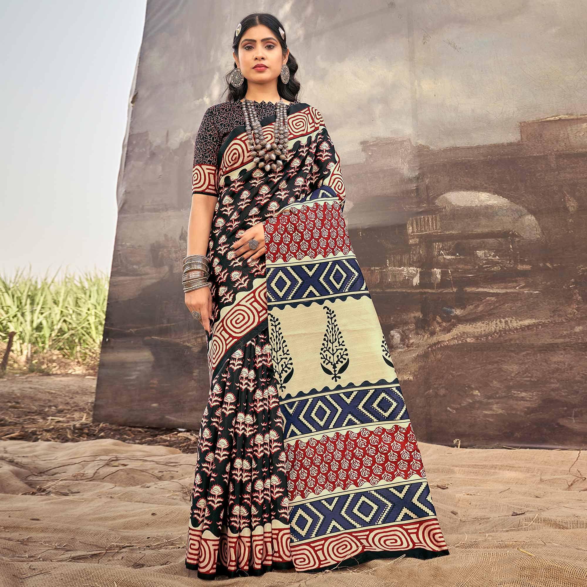 Black Printed Bhagalpuri Silk Saree - Peachmode